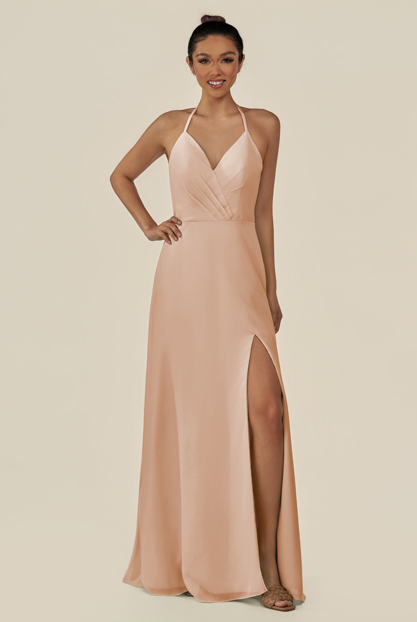 KissDress-Caris Champagne Rose A Line Chiffon Halter Neck Pleated Long Bridesmaid Dress with Slit