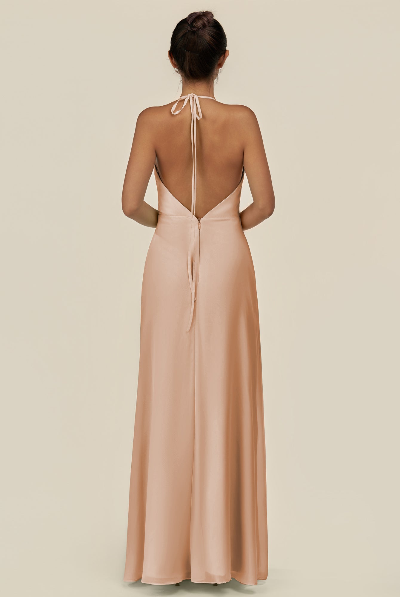 KissDress-Caris Champagne Rose A Line Chiffon Halter Neck Pleated Long Bridesmaid Dress with Slit