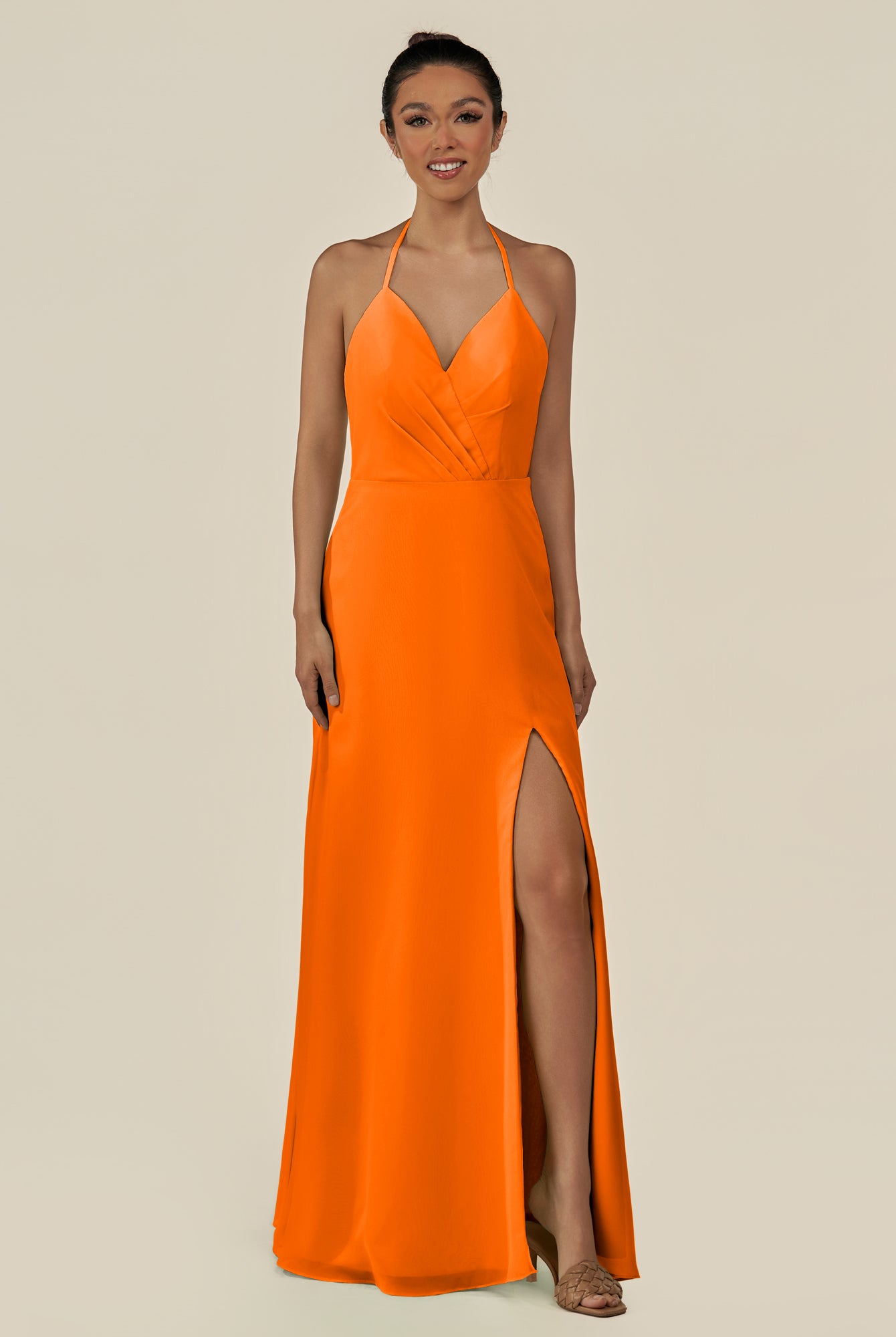 KissDress-Caris Cinnamon A Line Chiffon Halter Neck Pleated Long Bridesmaid Dress with Slit