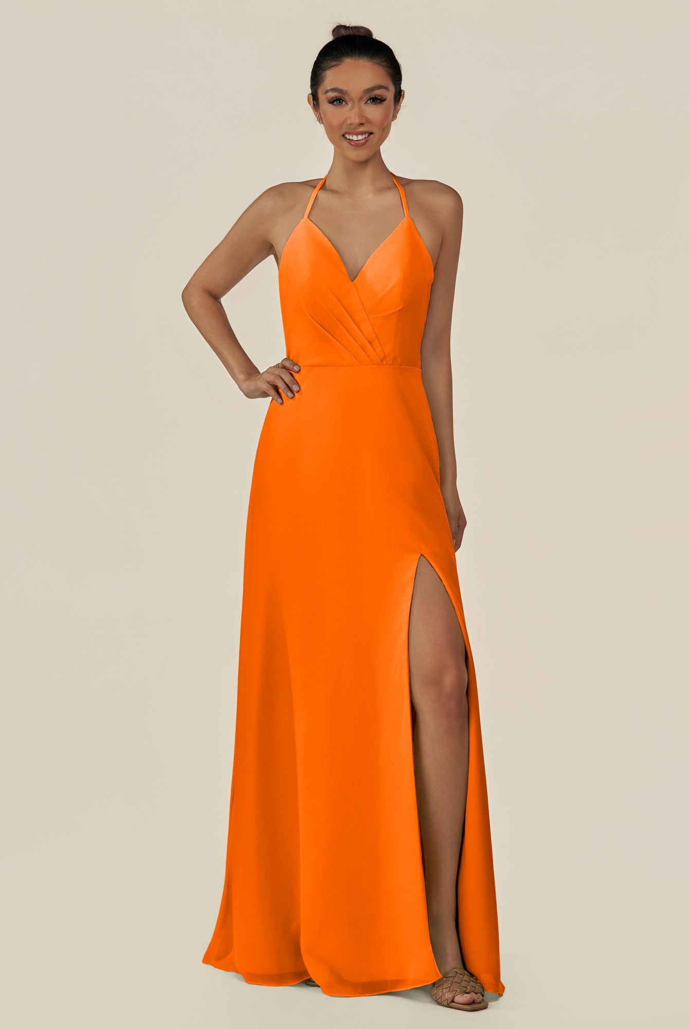 KissDress-Caris Cinnamon A Line Chiffon Halter Neck Pleated Long Bridesmaid Dress with Slit