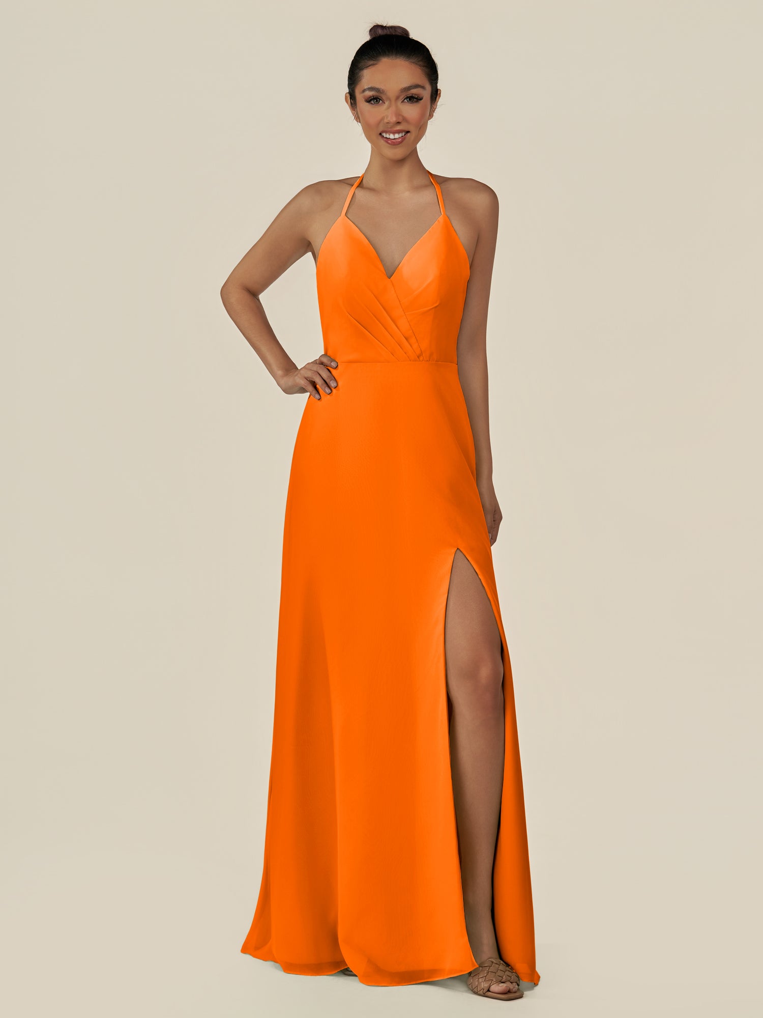 KissDress-Caris Cinnamon A Line Chiffon Halter Neck Pleated Long Bridesmaid Dress with Slit