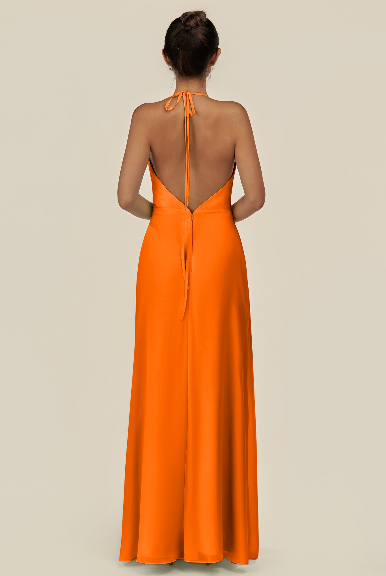 KissDress-Caris Cinnamon A Line Chiffon Halter Neck Pleated Long Bridesmaid Dress with Slit