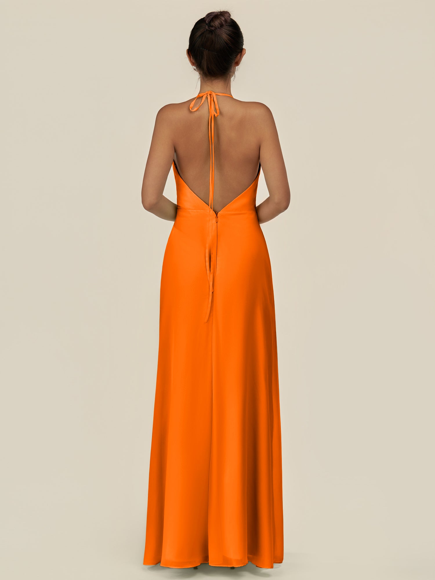 KissDress-Caris Cinnamon A Line Chiffon Halter Neck Pleated Long Bridesmaid Dress with Slit