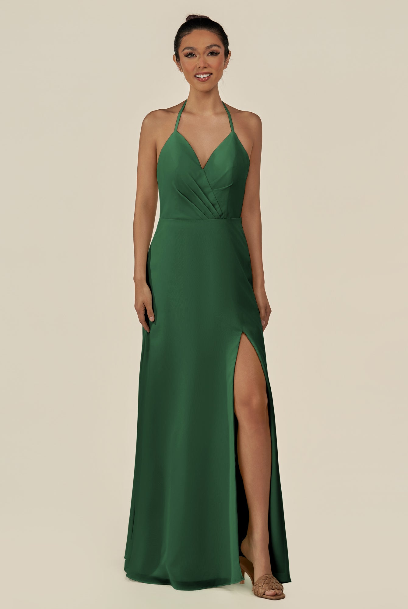 KissDress-Caris Dark Green A Line Chiffon Halter Neck Pleated Long Bridesmaid Dress with Slit