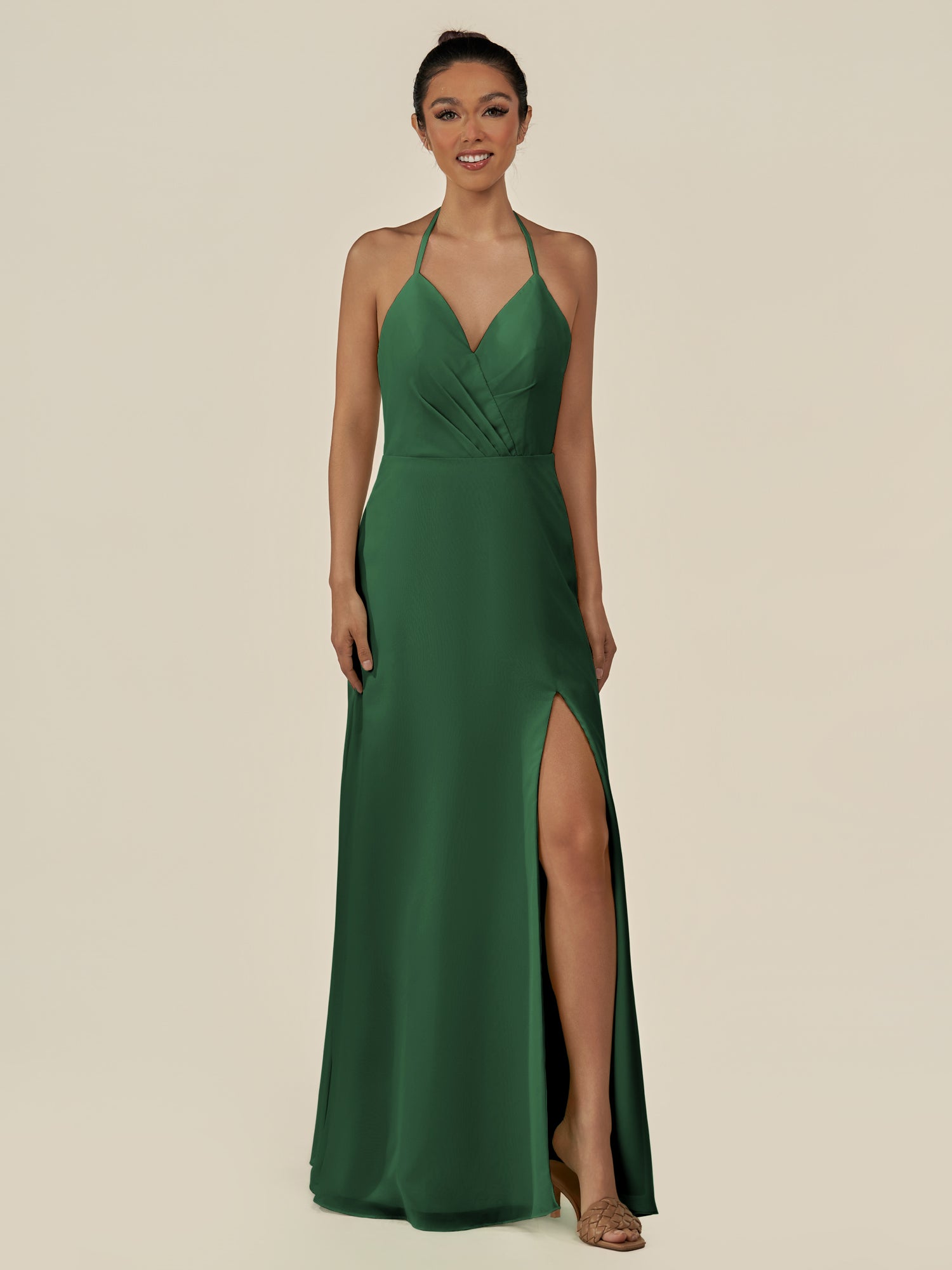 KissDress-Caris Dark Green A Line Chiffon Halter Neck Pleated Long Bridesmaid Dress with Slit