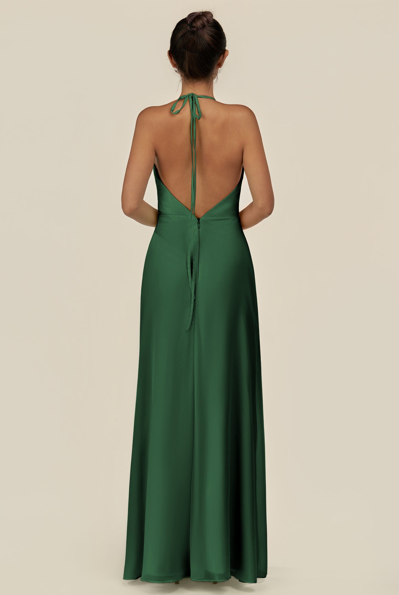 KissDress-Caris Dark Green A Line Chiffon Halter Neck Pleated Long Bridesmaid Dress with Slit