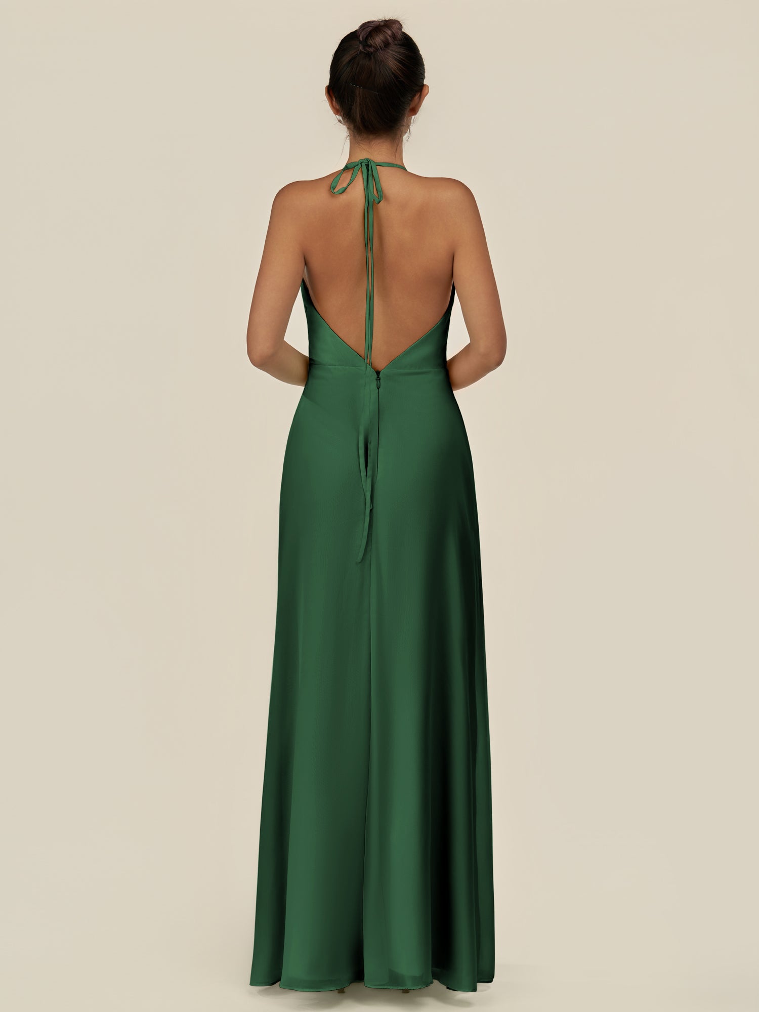 KissDress-Caris Dark Green A Line Chiffon Halter Neck Pleated Long Bridesmaid Dress with Slit