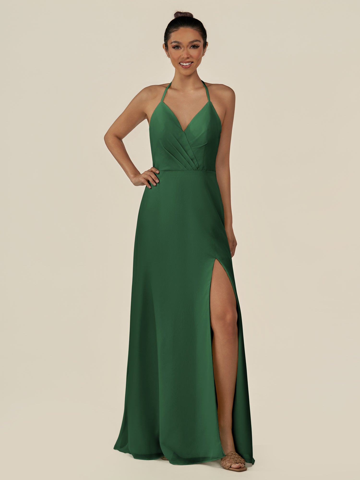 KissDress-Caris Dark Green A Line Chiffon Halter Neck Pleated Long Bridesmaid Dress with Slit