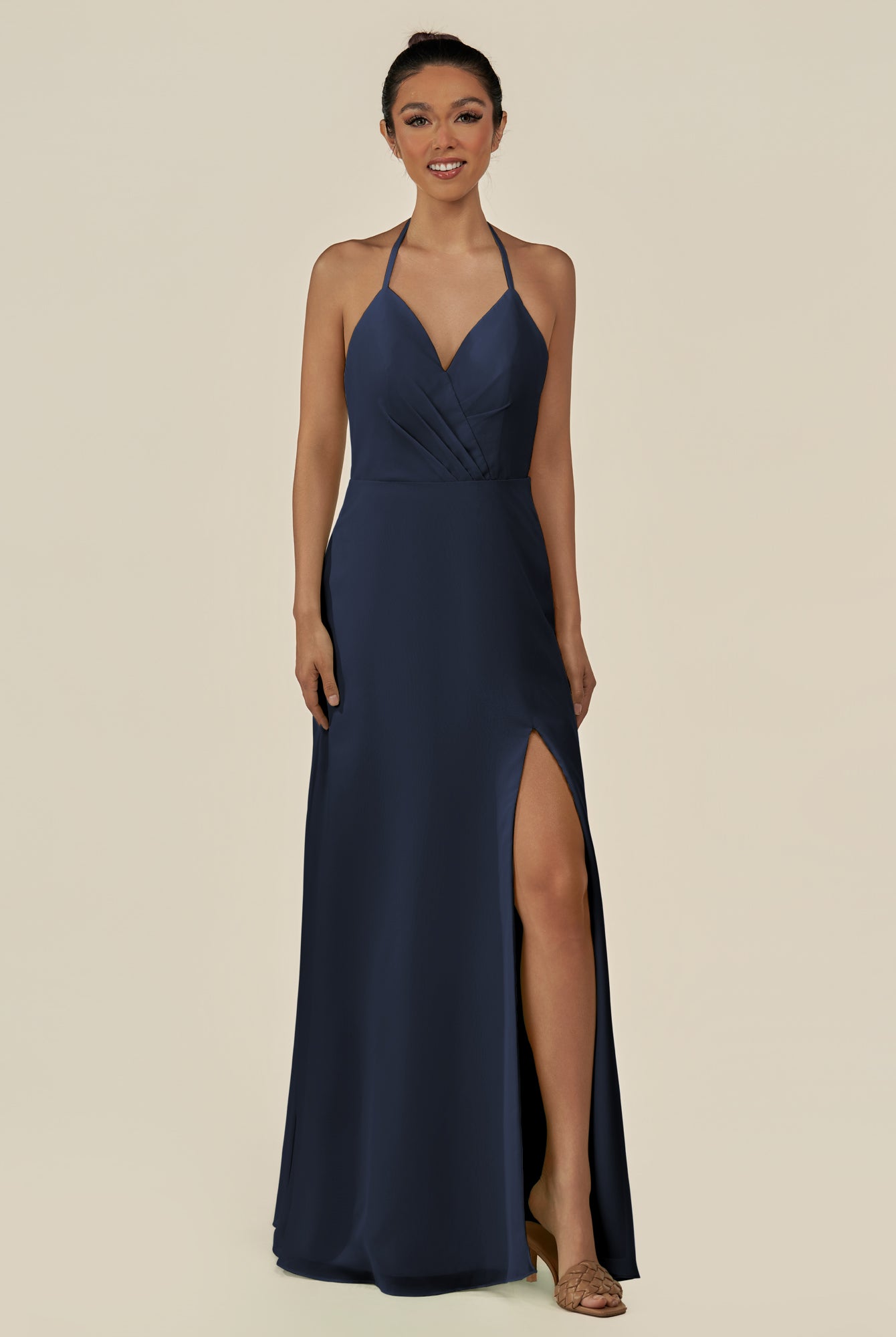 KissDress-Caris Dark Navy A Line Chiffon Halter Neck Pleated Long Bridesmaid Dress with Slit