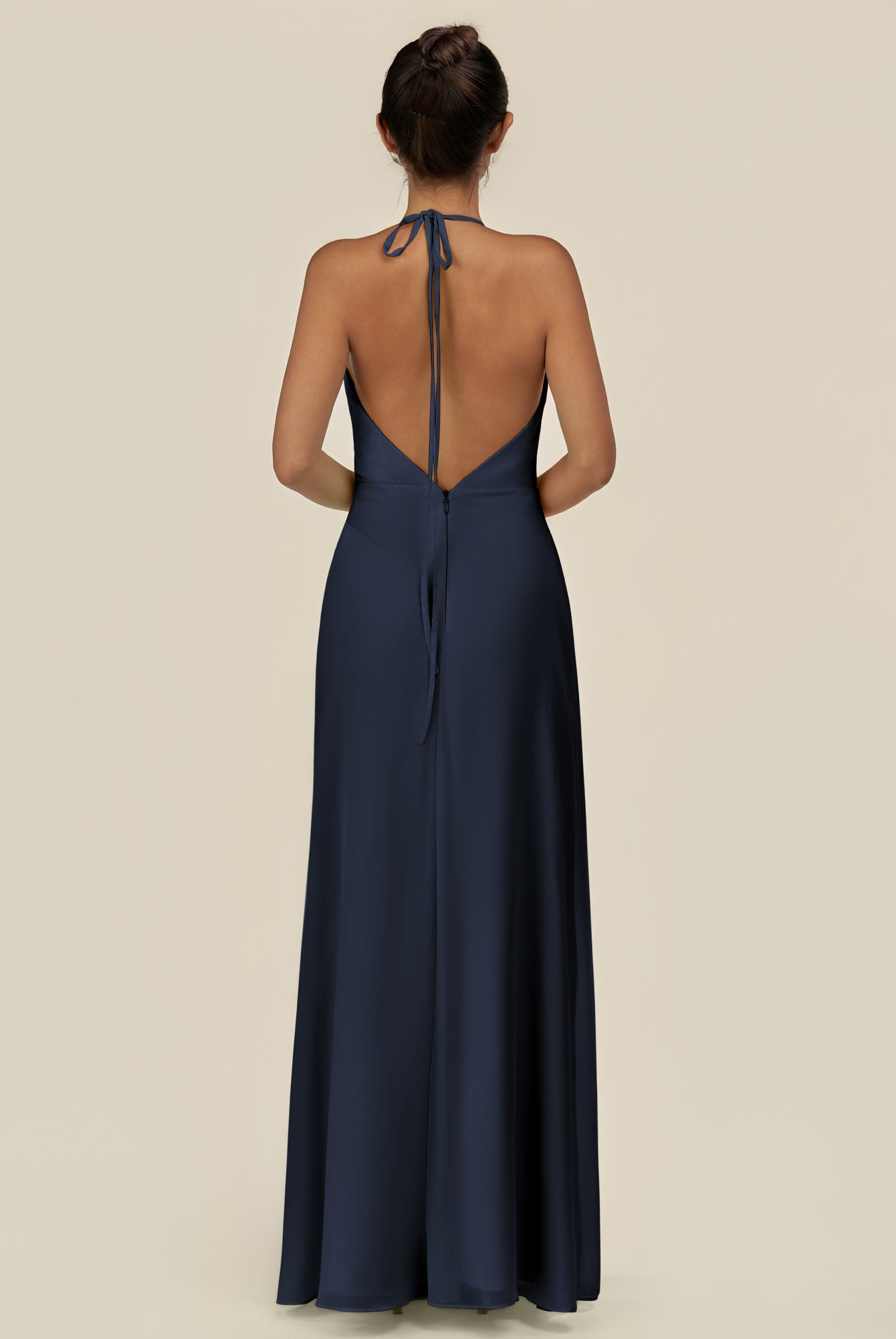 KissDress-Caris Dark Navy A Line Chiffon Halter Neck Pleated Long Bridesmaid Dress with Slit