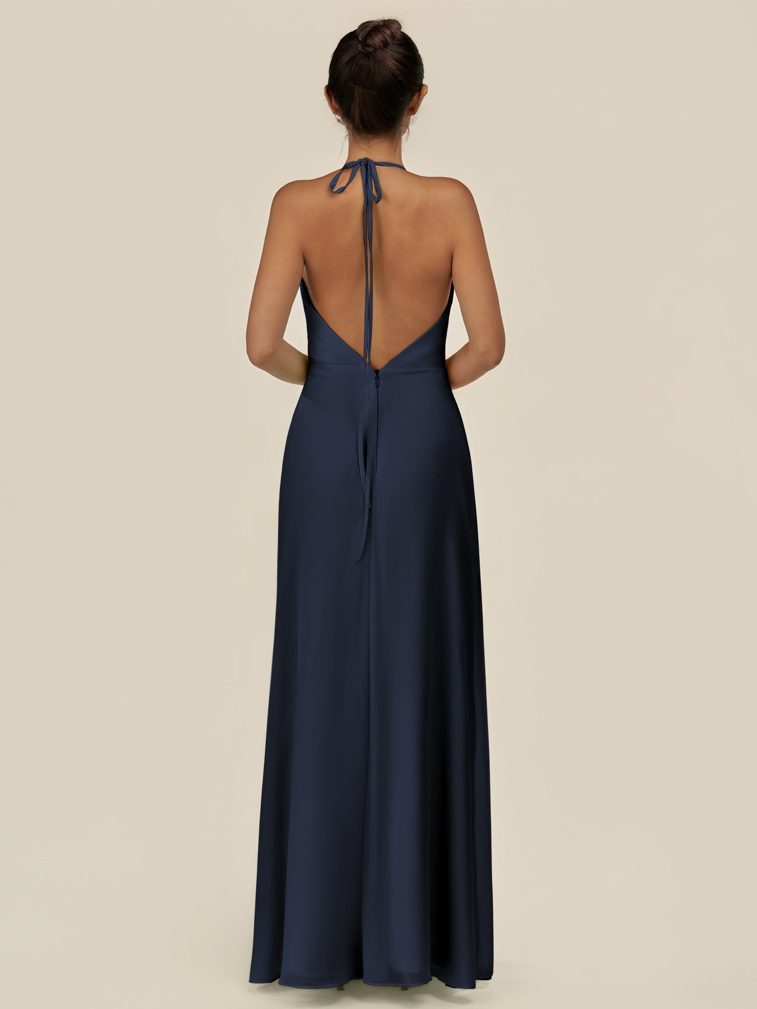 KissDress-Caris Dark Navy A Line Chiffon Halter Neck Pleated Long Bridesmaid Dress with Slit
