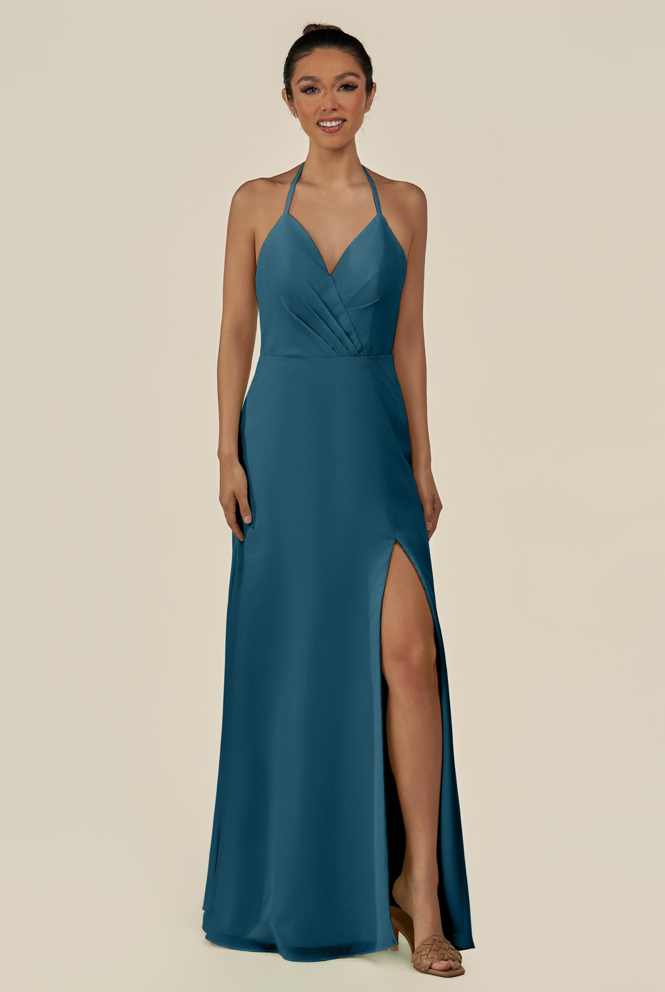 KissDress-Caris Dark Teal A Line Chiffon Halter Neck Pleated Long Bridesmaid Dress with Slit