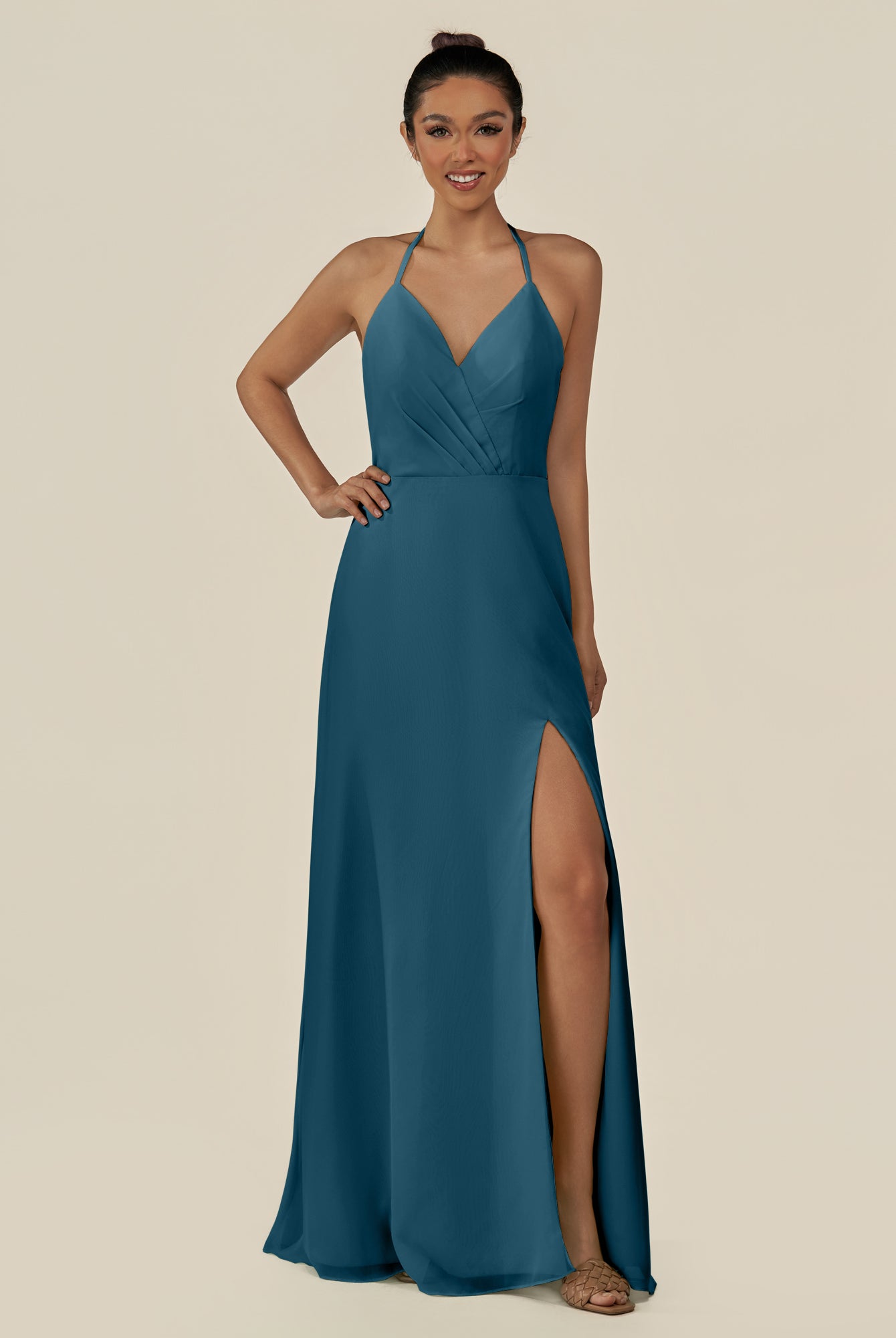 KissDress-Caris Dark Teal A Line Chiffon Halter Neck Pleated Long Bridesmaid Dress with Slit