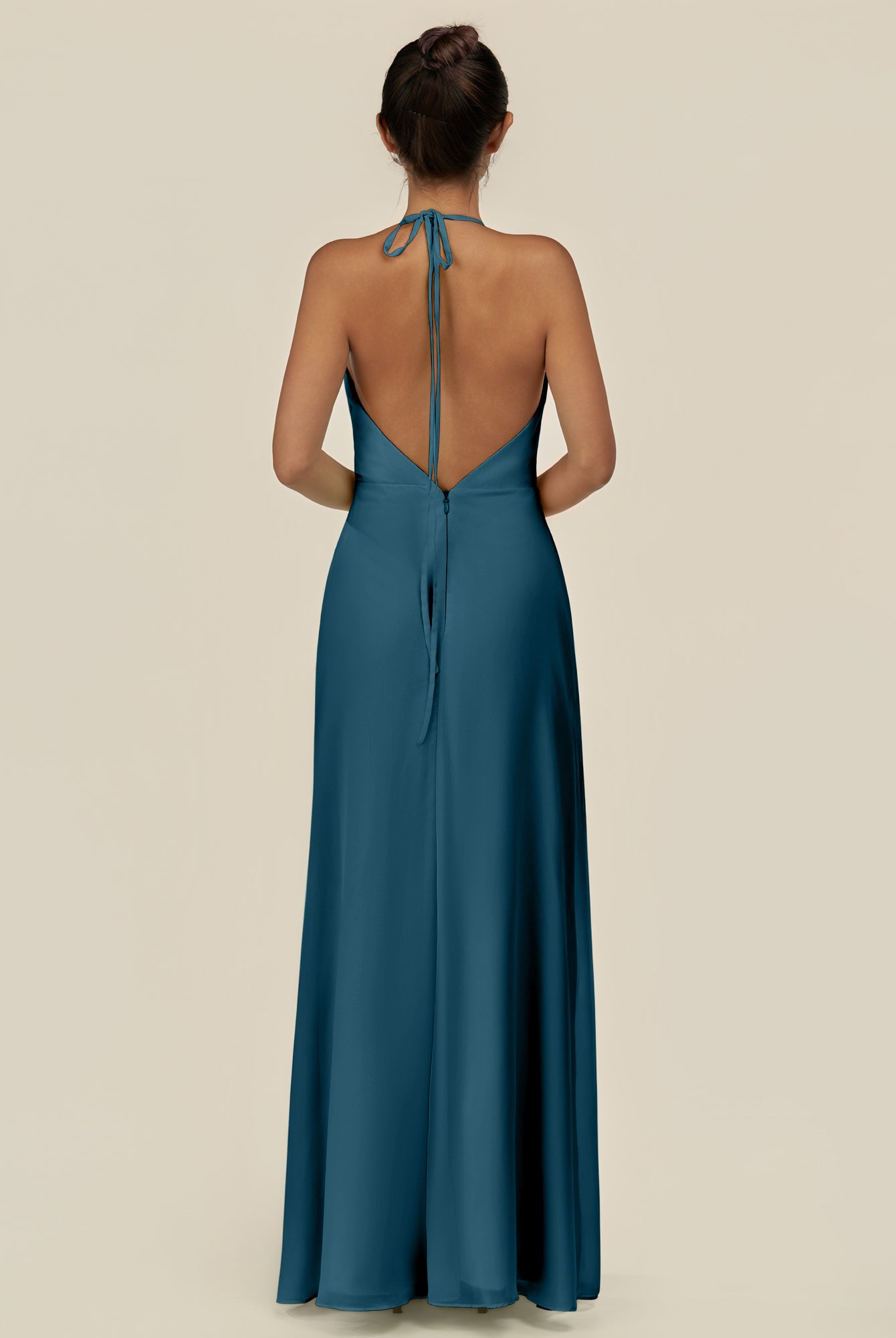 KissDress-Caris Dark Teal A Line Chiffon Halter Neck Pleated Long Bridesmaid Dress with Slit