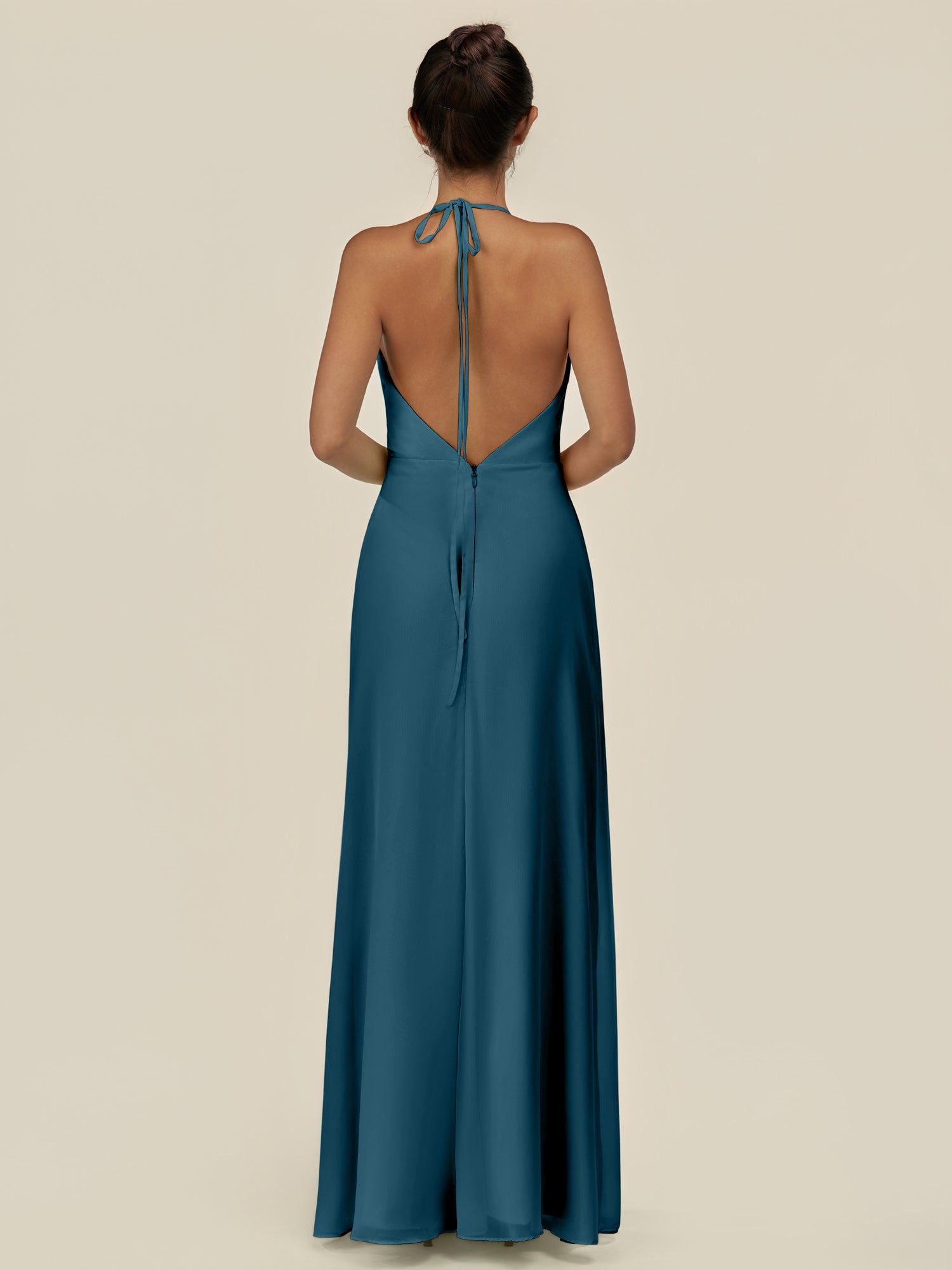 KissDress-Caris Dark Teal A Line Chiffon Halter Neck Pleated Long Bridesmaid Dress with Slit
