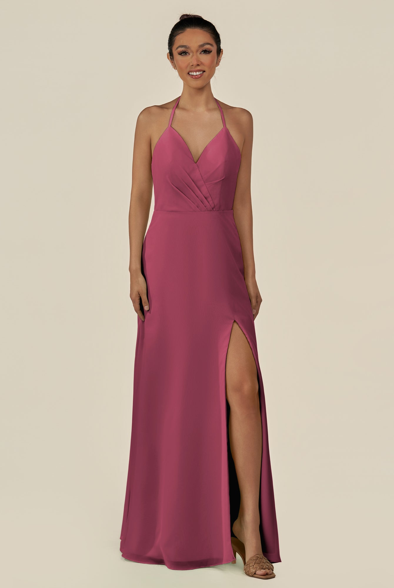 KissDress-Caris Desert Rose A Line Chiffon Halter Neck Pleated Long Bridesmaid Dress with Slit