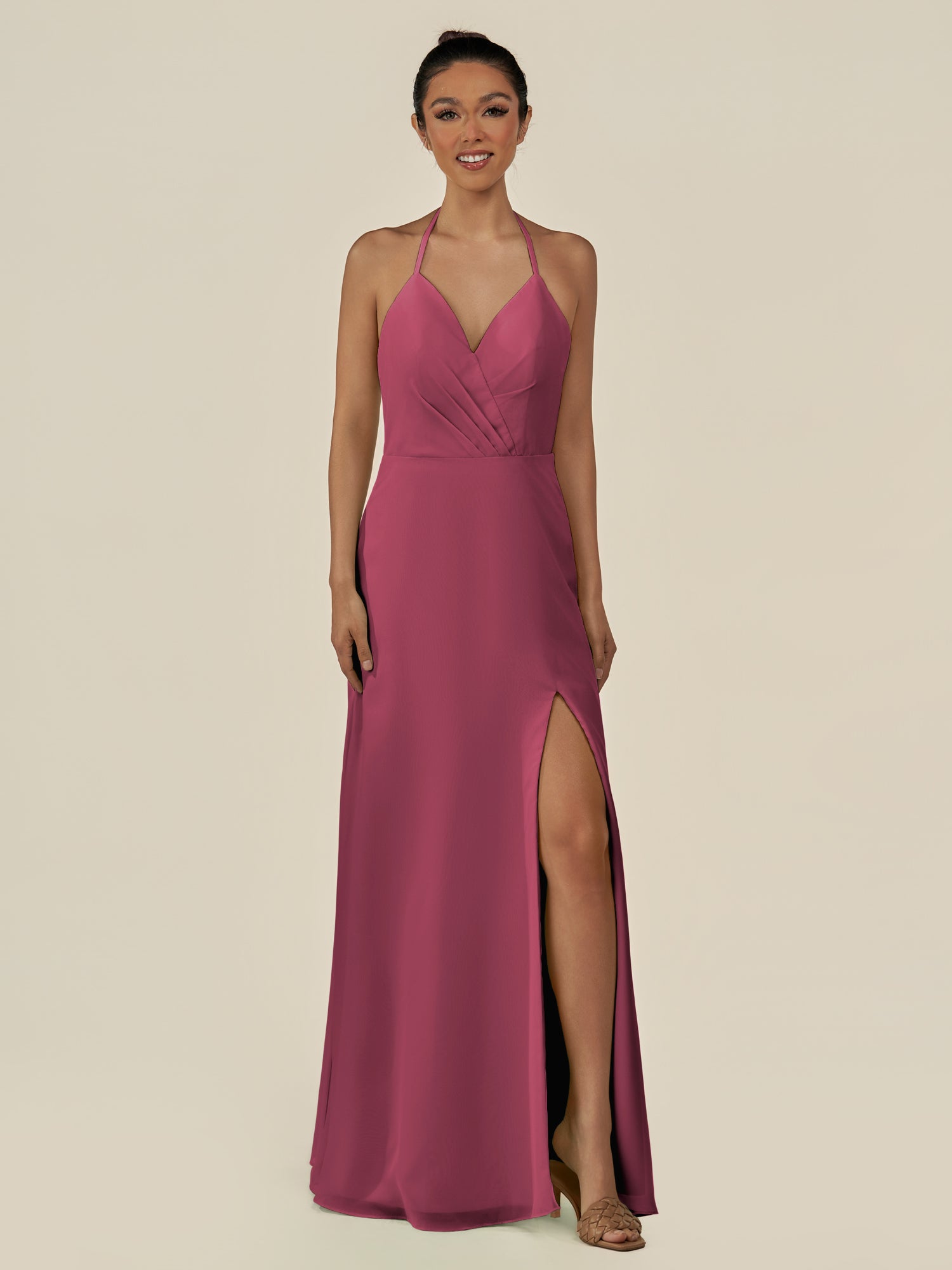 KissDress-Caris Desert Rose A Line Chiffon Halter Neck Pleated Long Bridesmaid Dress with Slit