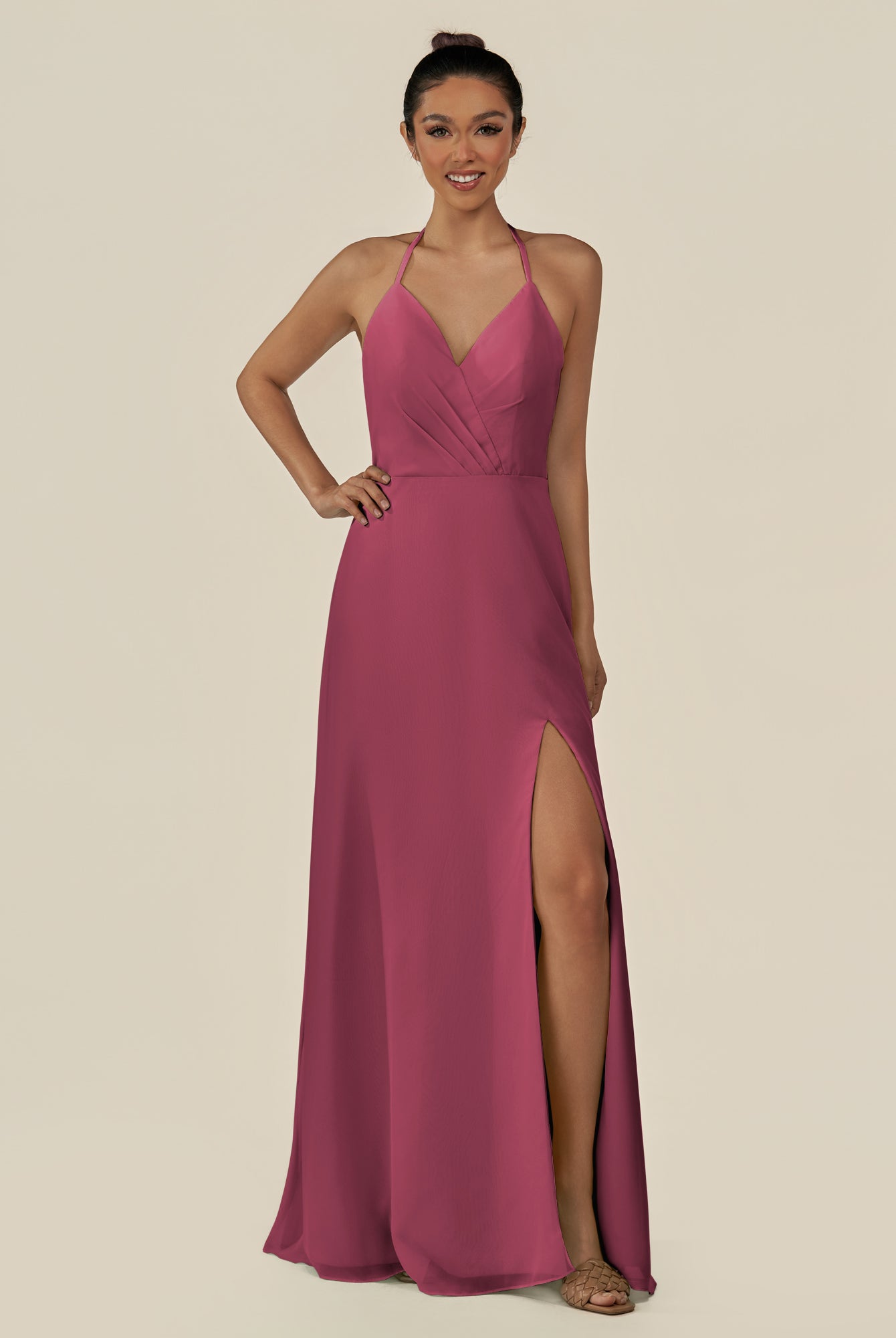 KissDress-Caris Desert Rose A Line Chiffon Halter Neck Pleated Long Bridesmaid Dress with Slit