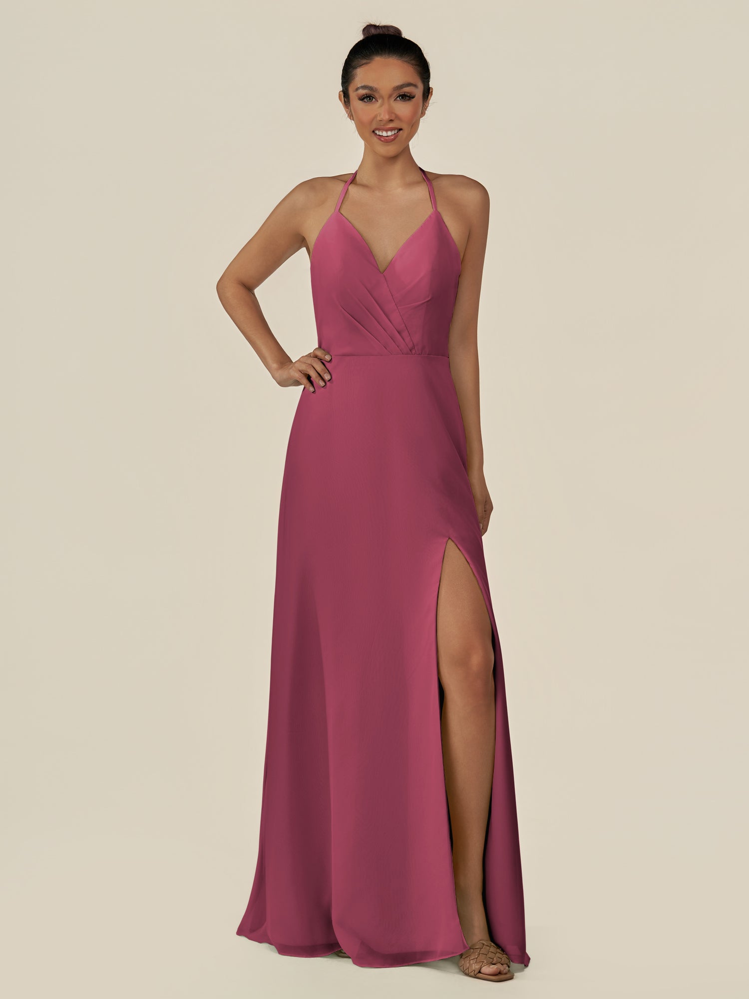 KissDress-Caris Desert Rose A Line Chiffon Halter Neck Pleated Long Bridesmaid Dress with Slit