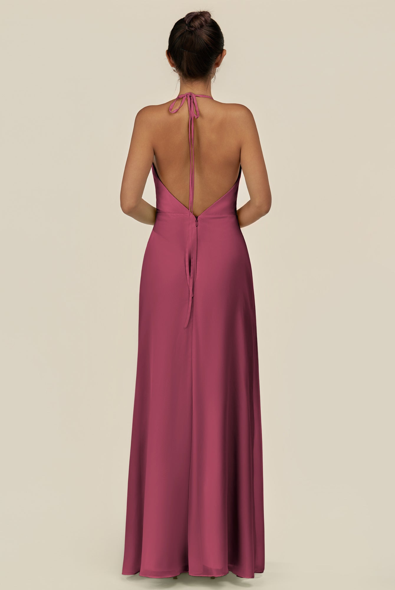 KissDress-Caris Desert Rose A Line Chiffon Halter Neck Pleated Long Bridesmaid Dress with Slit