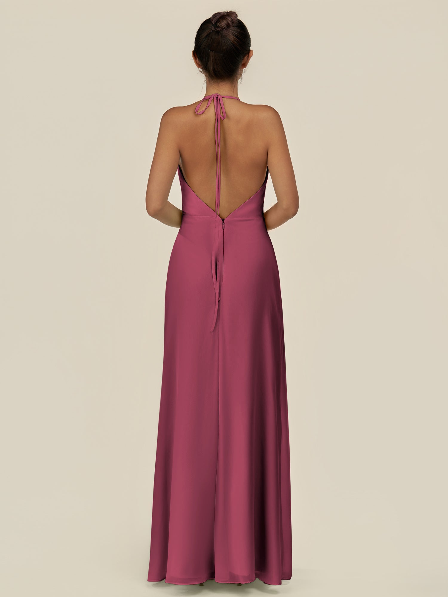 KissDress-Caris Desert Rose A Line Chiffon Halter Neck Pleated Long Bridesmaid Dress with Slit