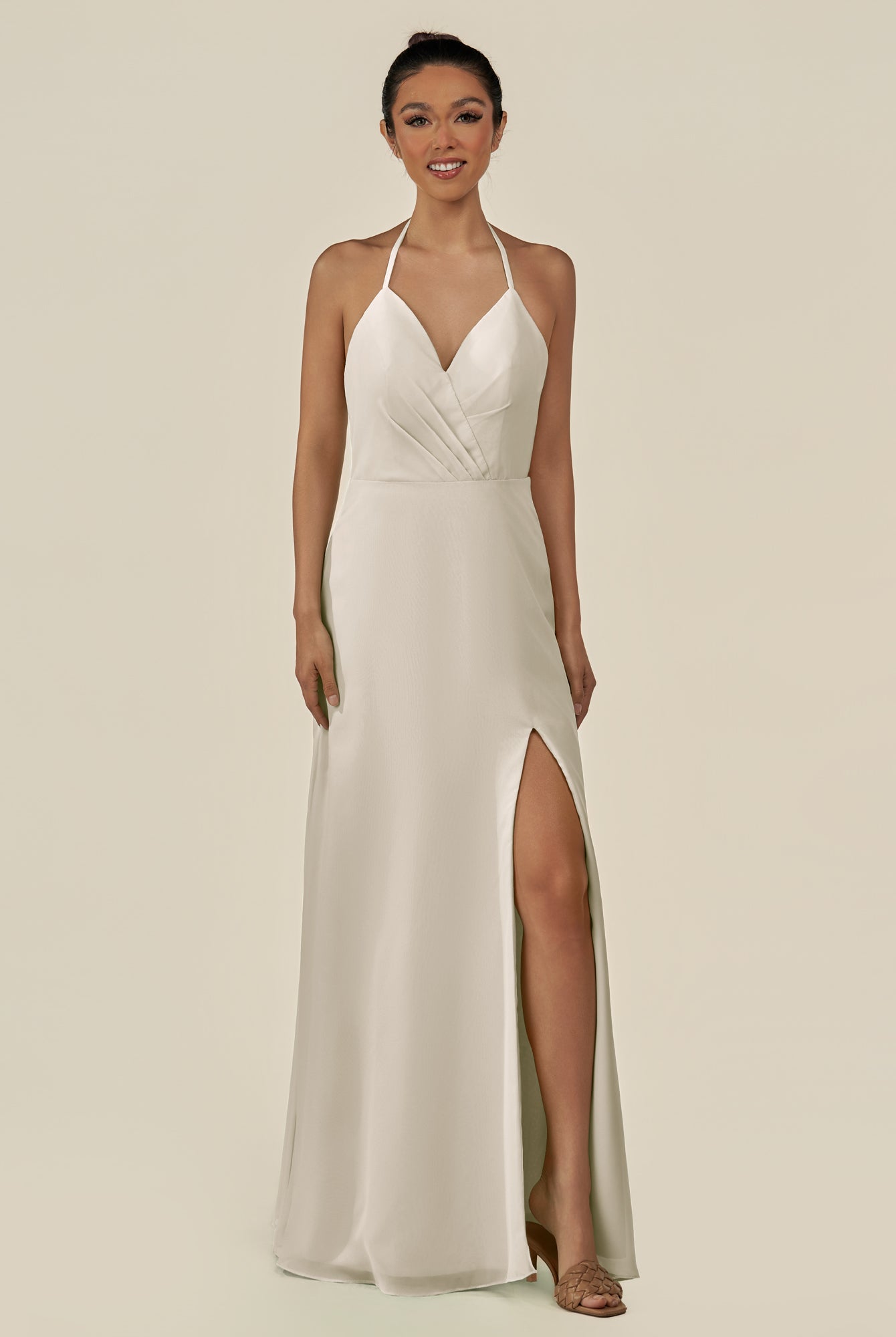 KissDress-Caris Dove Gray A Line Chiffon Halter Neck Pleated Long Bridesmaid Dress with Slit