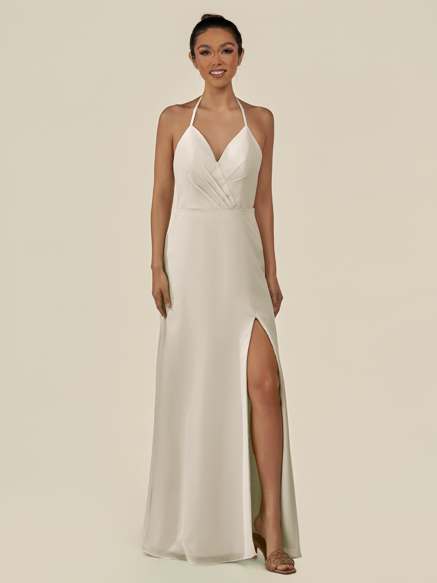 KissDress-Caris Dove Gray A Line Chiffon Halter Neck Pleated Long Bridesmaid Dress with Slit