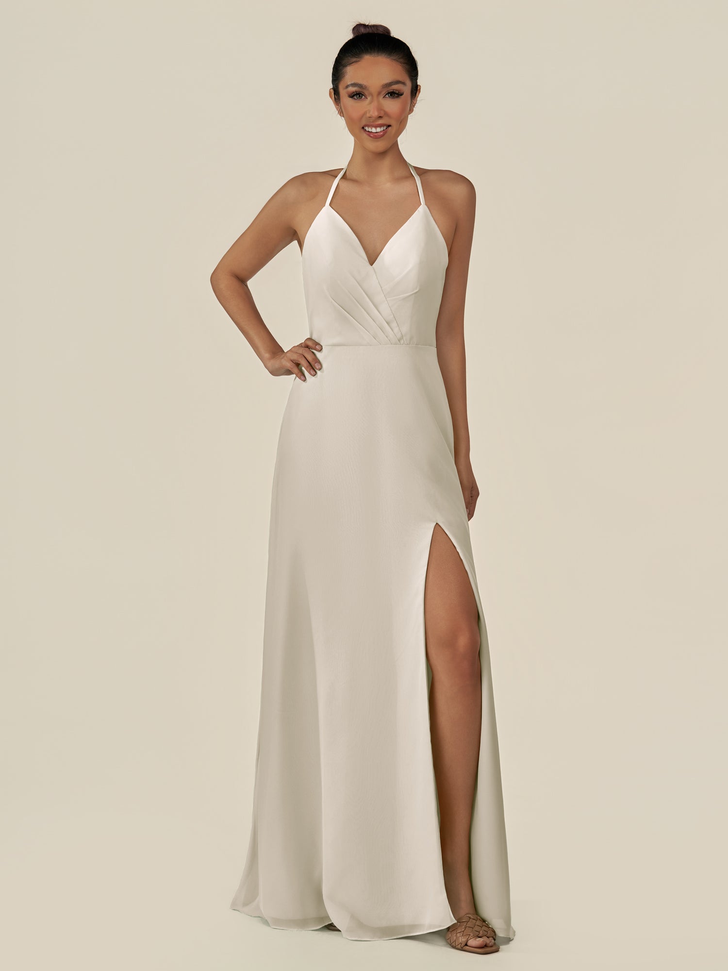 KissDress-Caris Dove Gray A Line Chiffon Halter Neck Pleated Long Bridesmaid Dress with Slit