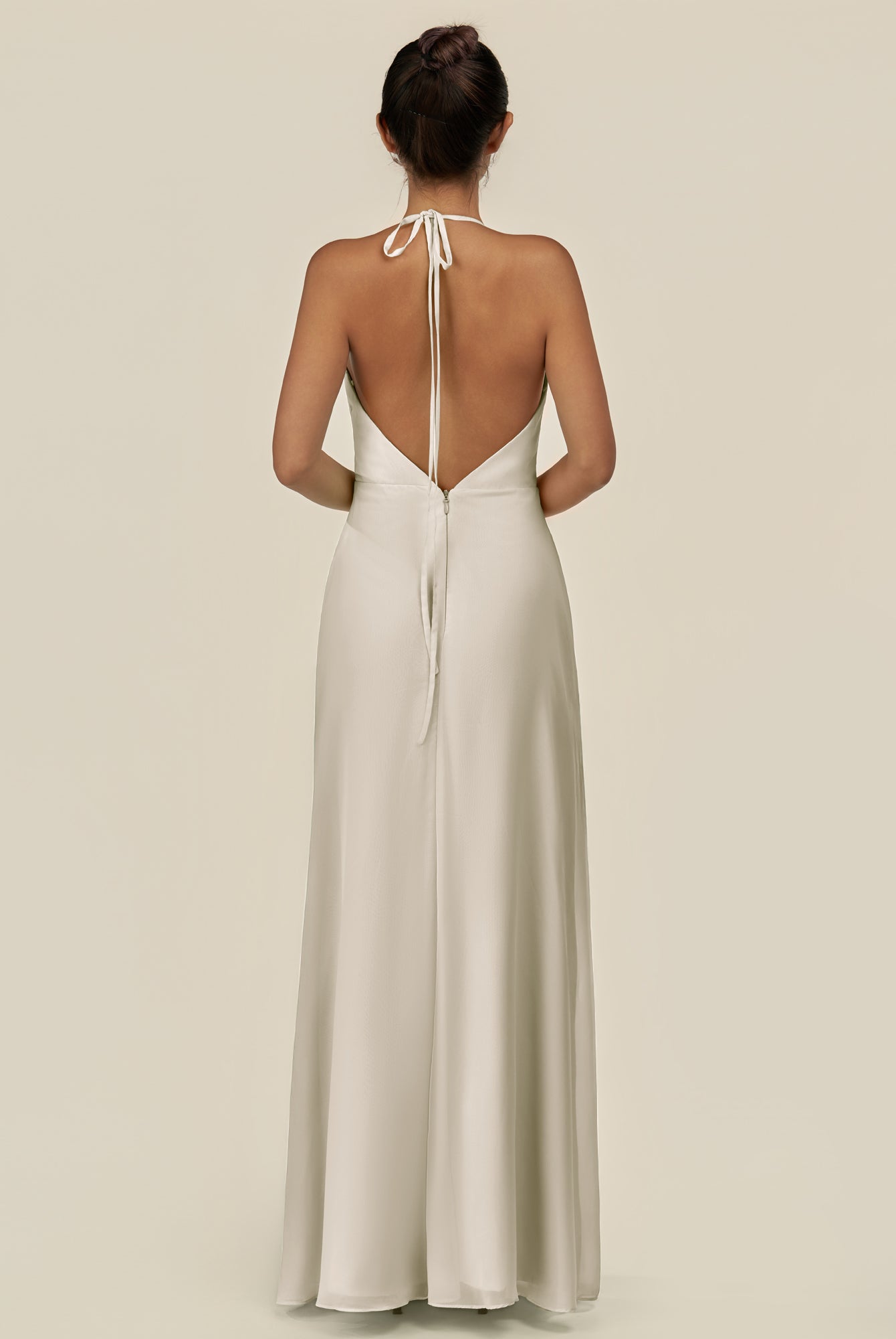 KissDress-Caris Dove Gray A Line Chiffon Halter Neck Pleated Long Bridesmaid Dress with Slit