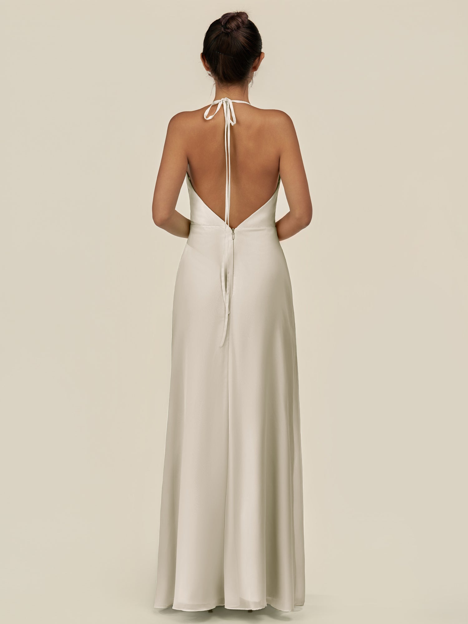 KissDress-Caris Dove Gray A Line Chiffon Halter Neck Pleated Long Bridesmaid Dress with Slit