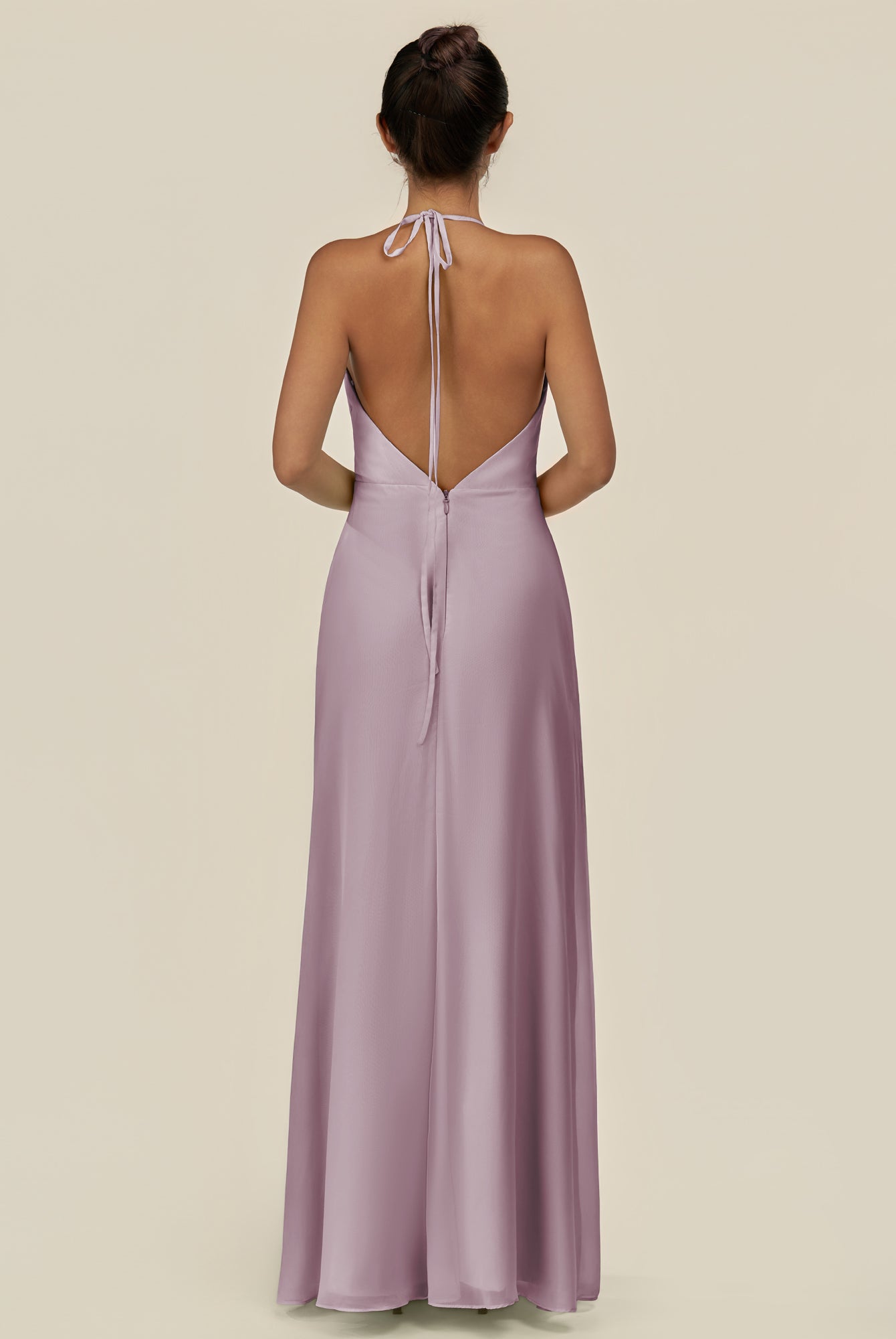 KissDress-Caris Dusk A Line Chiffon Halter Neck Pleated Long Bridesmaid Dress with Slit