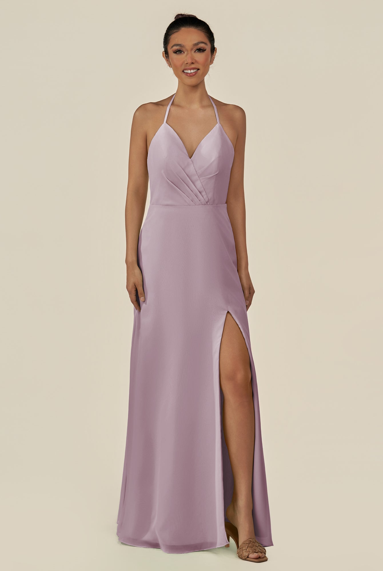 KissDress-Caris Dusk A Line Chiffon Halter Neck Pleated Long Bridesmaid Dress with Slit