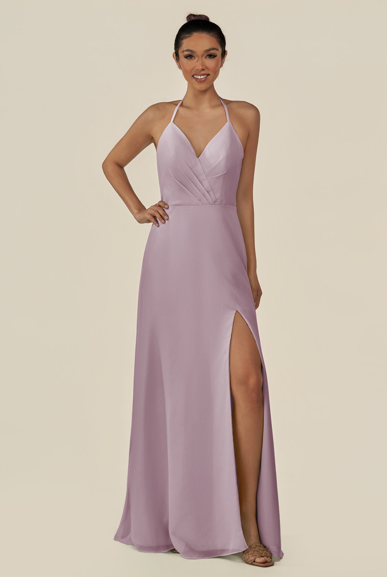 KissDress-Caris Dusk A Line Chiffon Halter Neck Pleated Long Bridesmaid Dress with Slit