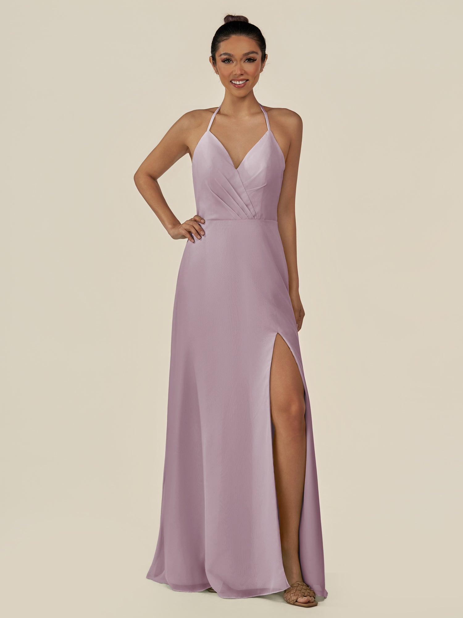 KissDress-Caris Dusk A Line Chiffon Halter Neck Pleated Long Bridesmaid Dress with Slit