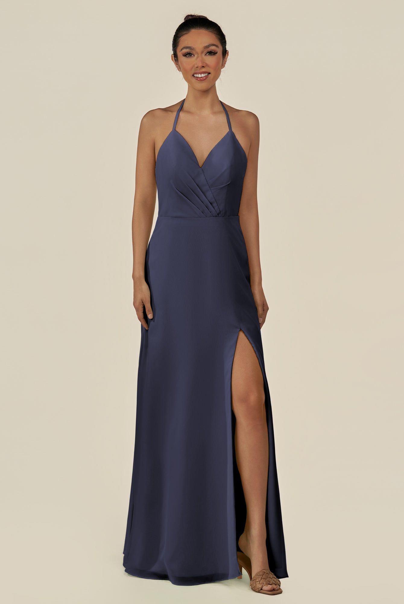 KissDress-Caris Dusk Blue A Line Chiffon Halter Neck Pleated Long Bridesmaid Dress with Slit