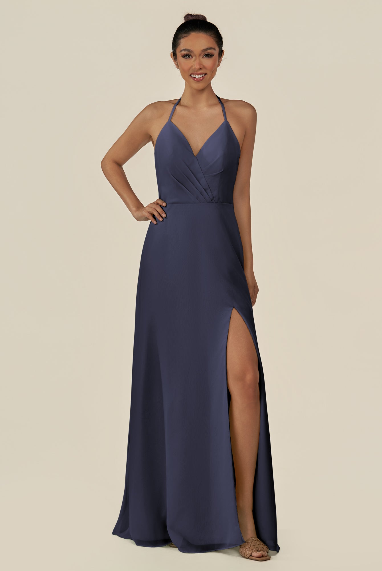 KissDress-Caris Dusk Blue A Line Chiffon Halter Neck Pleated Long Bridesmaid Dress with Slit