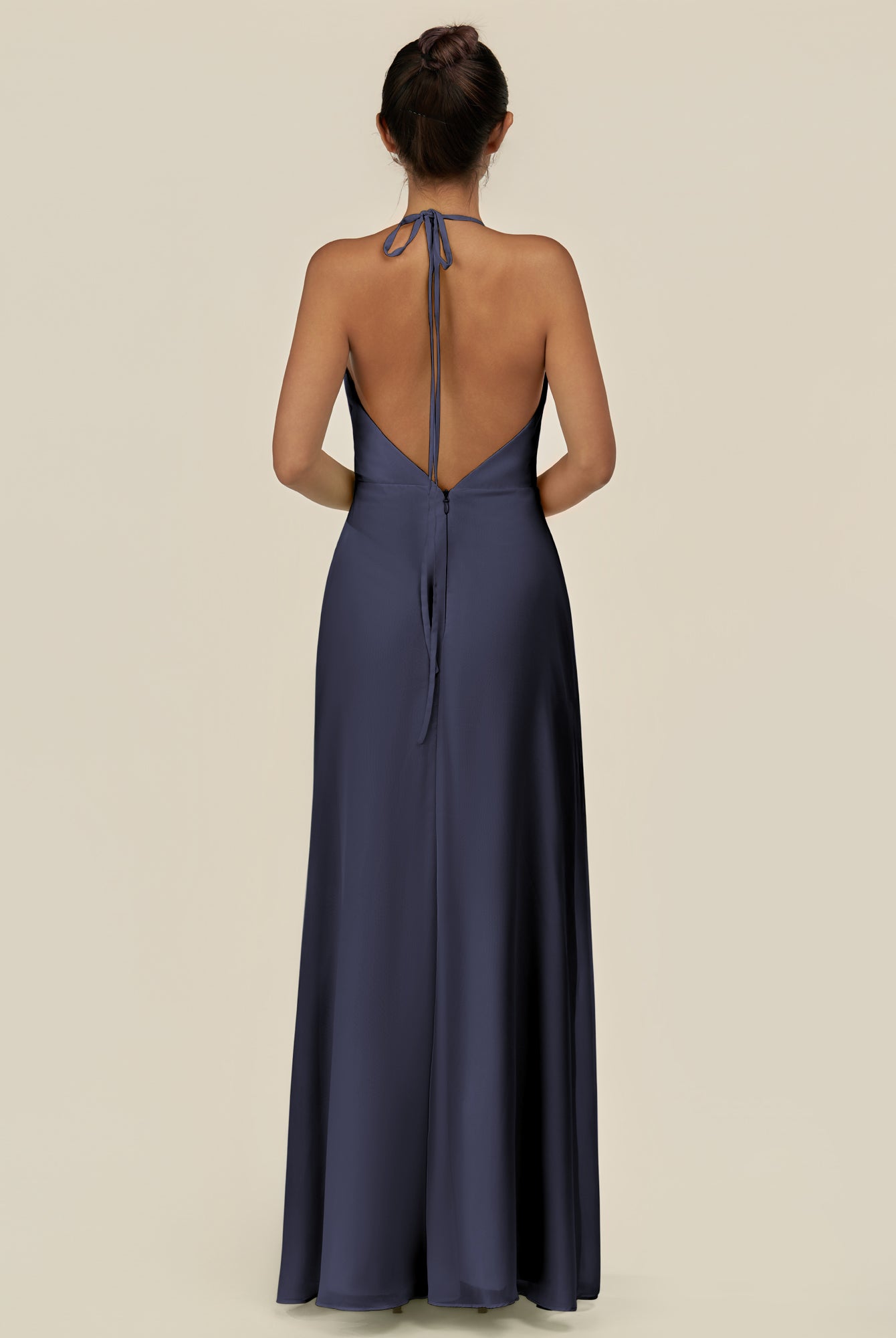 KissDress-Caris Dusk Blue A Line Chiffon Halter Neck Pleated Long Bridesmaid Dress with Slit