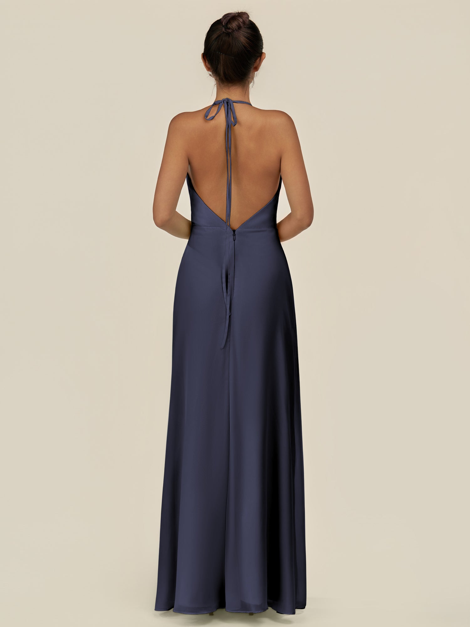 KissDress-Caris Dusk Blue A Line Chiffon Halter Neck Pleated Long Bridesmaid Dress with Slit