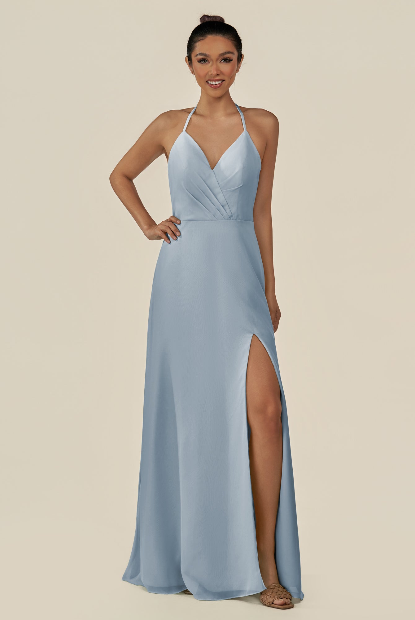 KissDress-Caris Dusty Blue A Line Chiffon Halter Neck Pleated Long Bridesmaid Dress with Slit