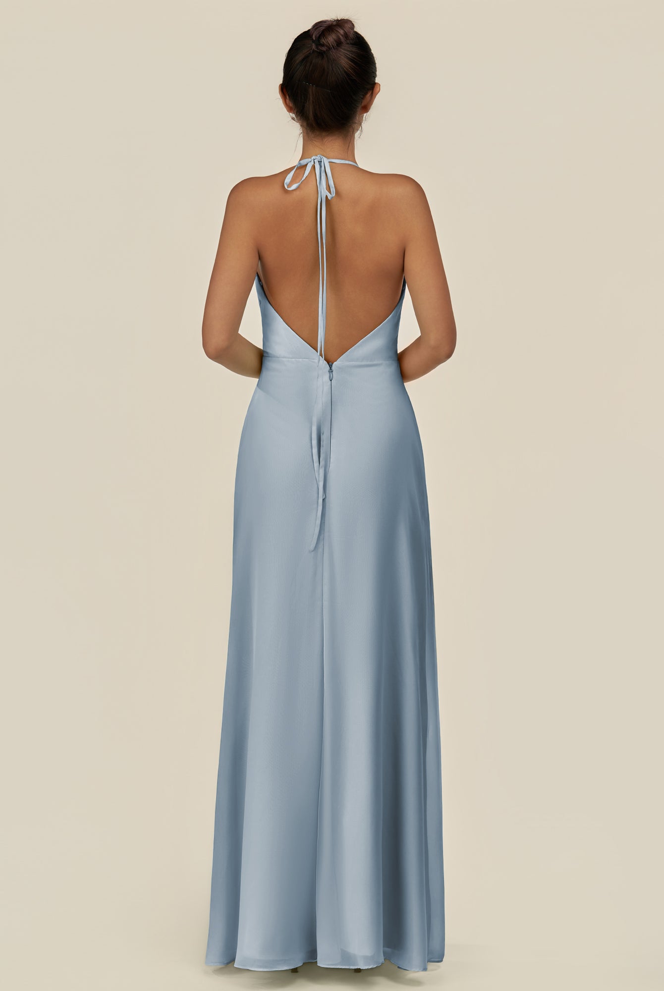 KissDress-Caris Dusty Blue A Line Chiffon Halter Neck Pleated Long Bridesmaid Dress with Slit