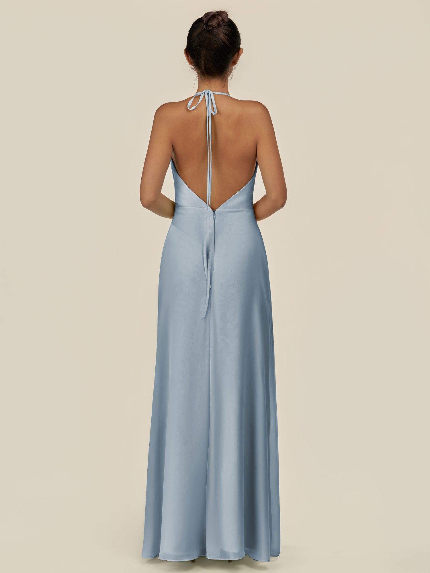 KissDress-Caris Dusty Blue A Line Chiffon Halter Neck Pleated Long Bridesmaid Dress with Slit