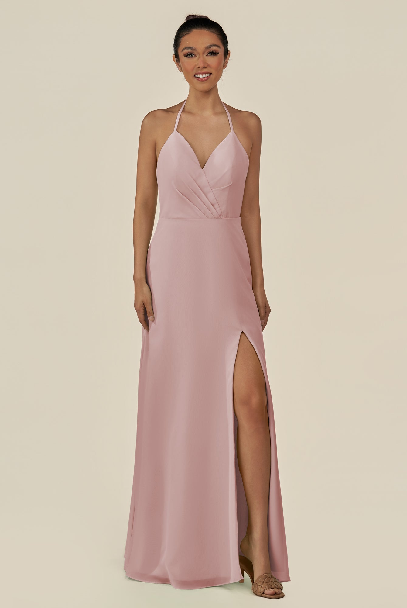 KissDress-Caris Dusty Rose A Line Chiffon Halter Neck Pleated Long Bridesmaid Dress with Slit