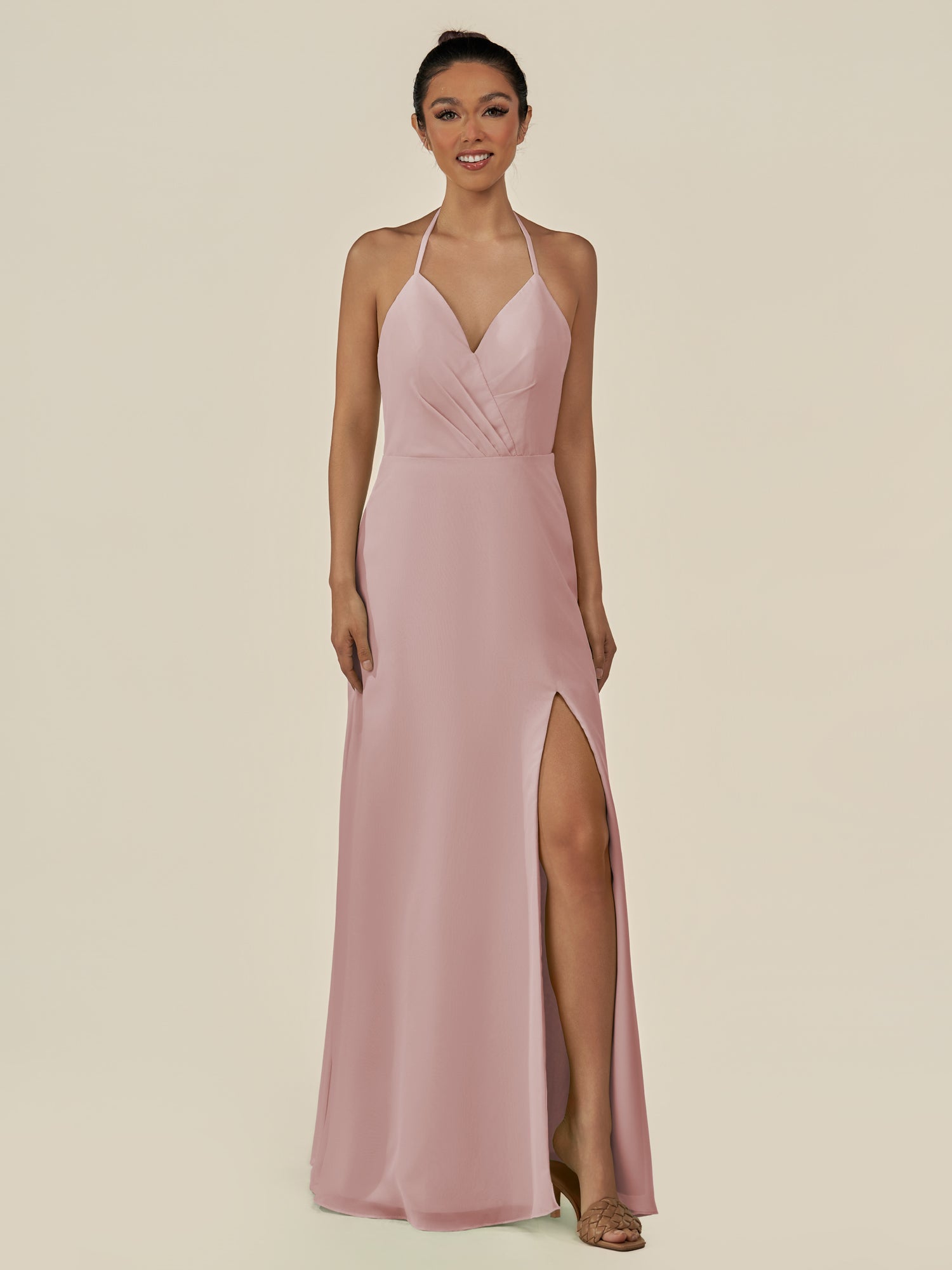 KissDress-Caris Dusty Rose A Line Chiffon Halter Neck Pleated Long Bridesmaid Dress with Slit