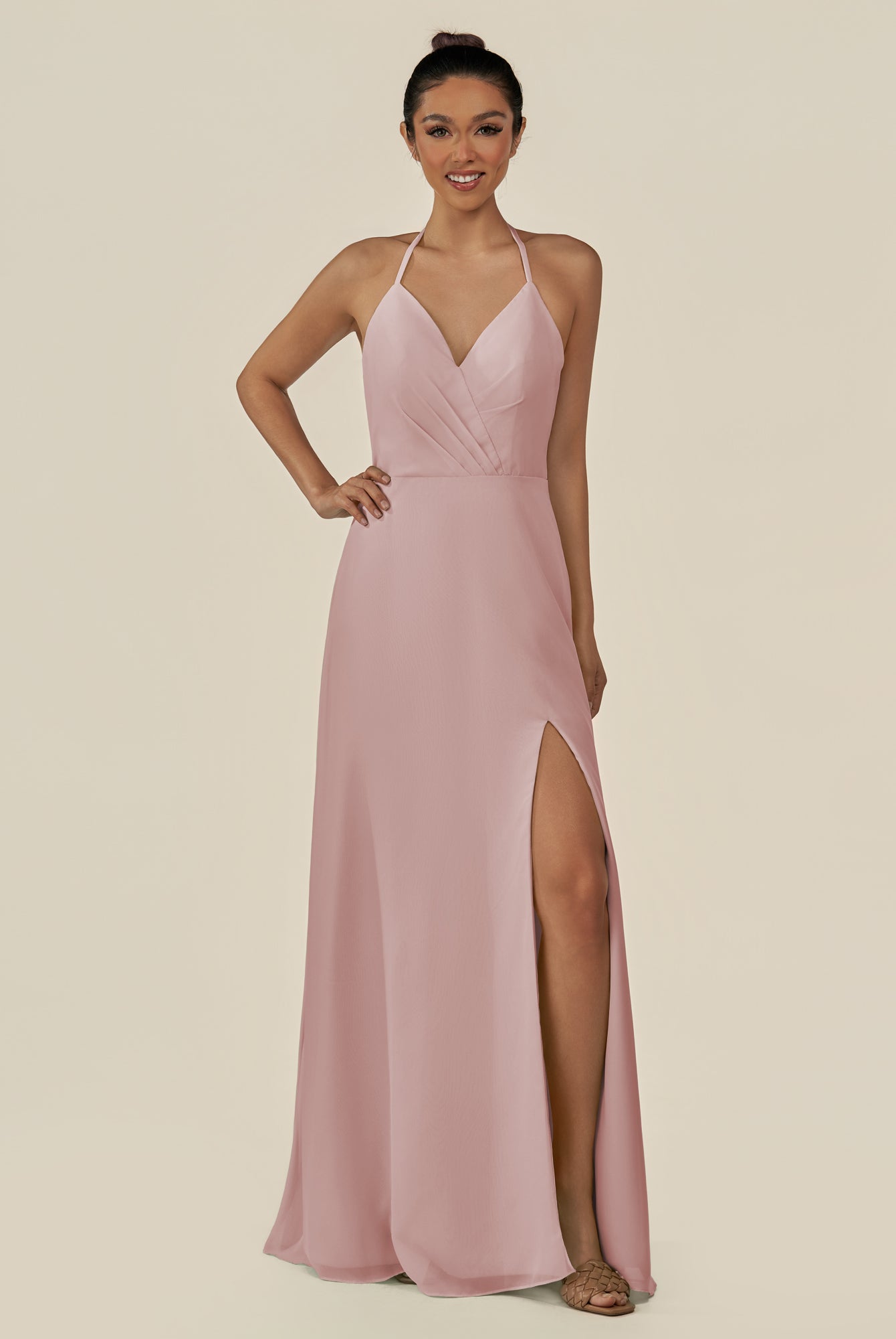 KissDress-Caris Dusty Rose A Line Chiffon Halter Neck Pleated Long Bridesmaid Dress with Slit
