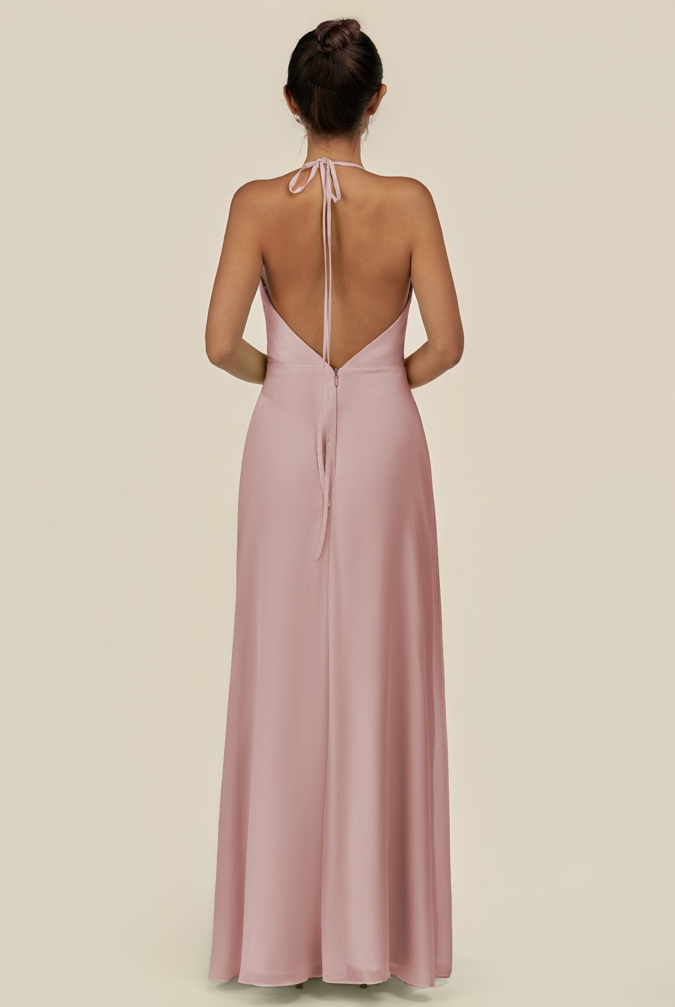 KissDress-Caris Dusty Rose A Line Chiffon Halter Neck Pleated Long Bridesmaid Dress with Slit