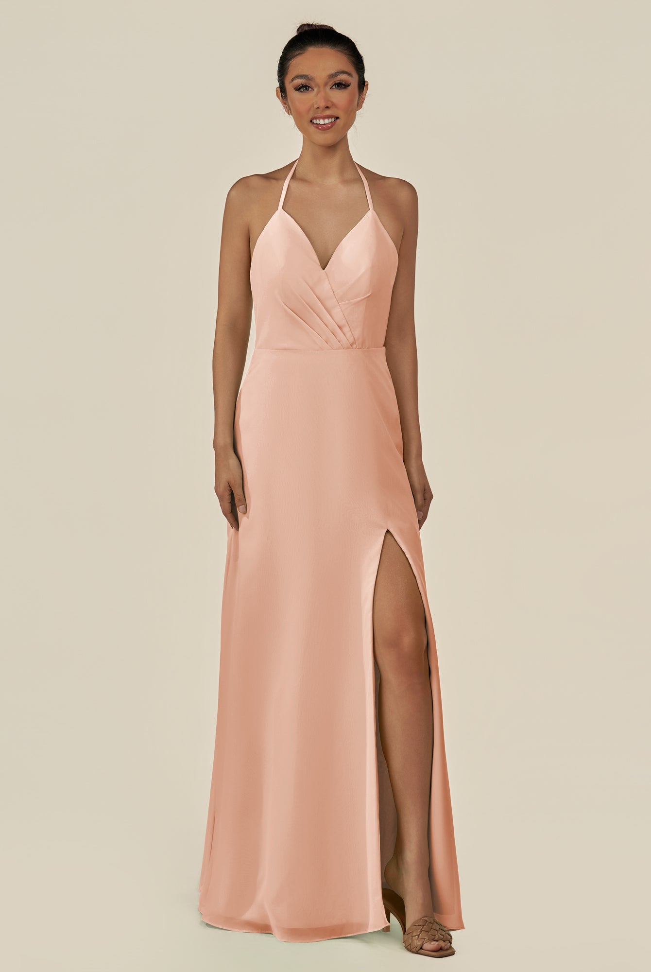 KissDress-Caris English Rose A Line Chiffon Halter Neck Pleated Long Bridesmaid Dress with Slit