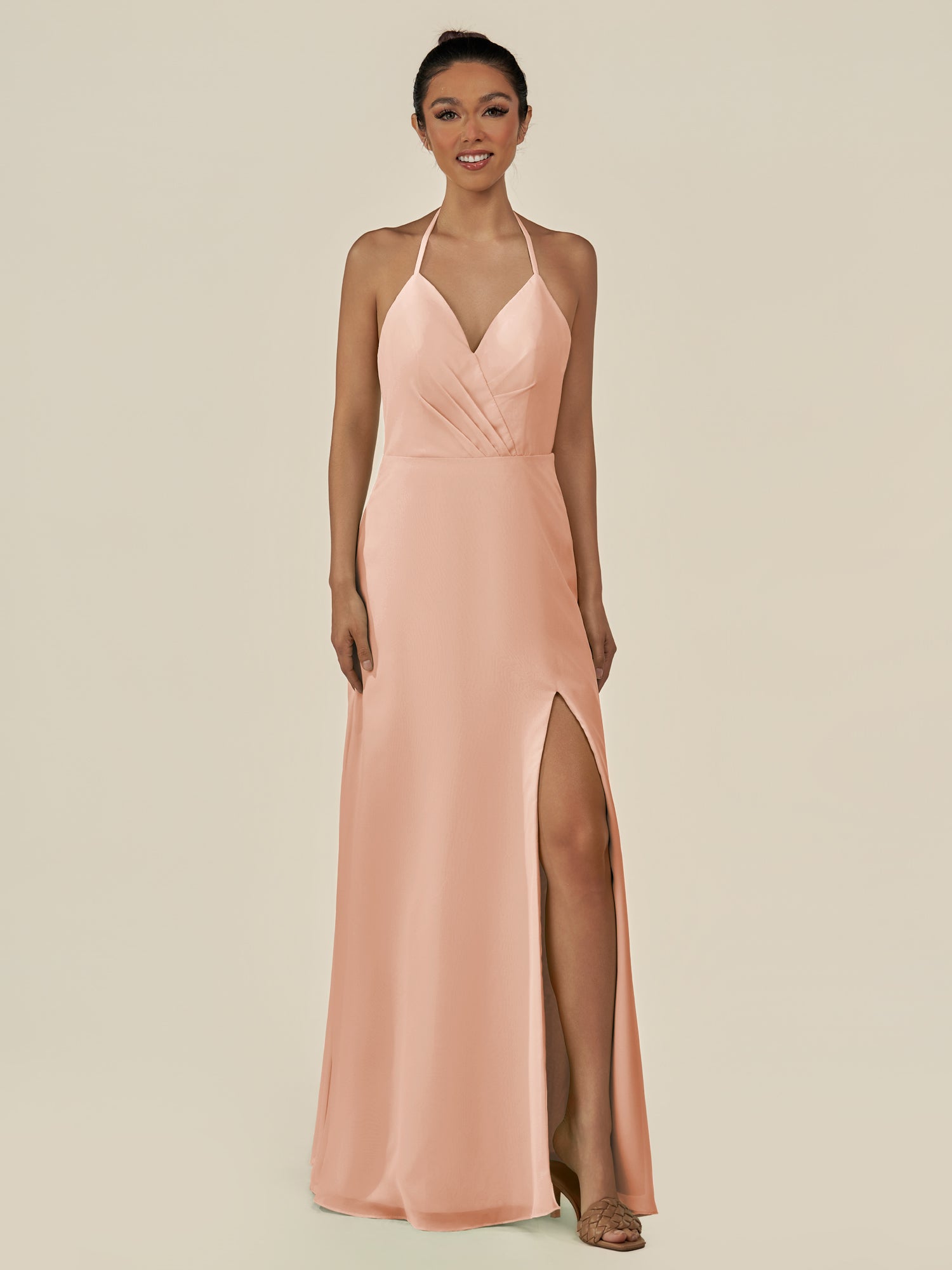 KissDress-Caris English Rose A Line Chiffon Halter Neck Pleated Long Bridesmaid Dress with Slit