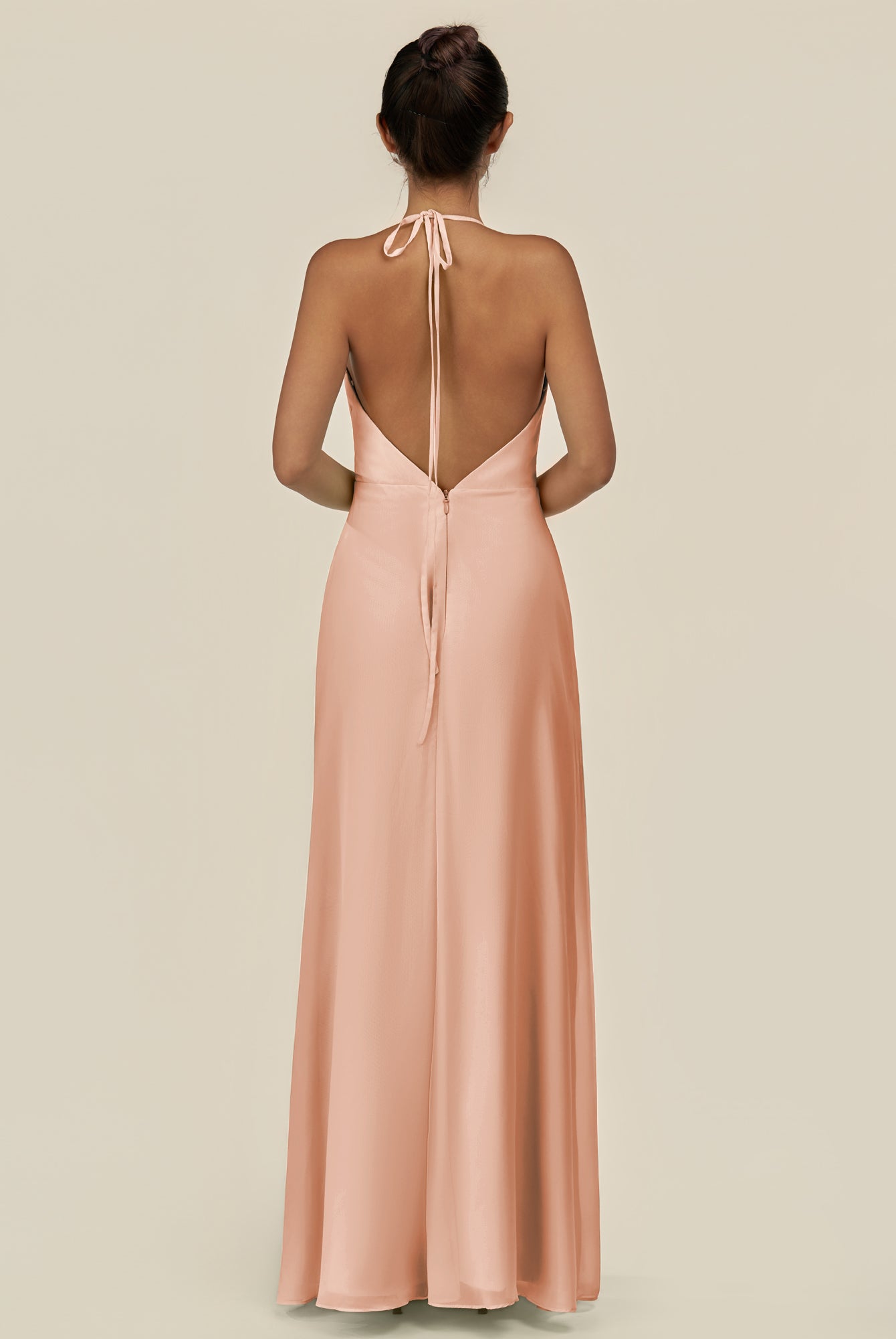 KissDress-Caris English Rose A Line Chiffon Halter Neck Pleated Long Bridesmaid Dress with Slit