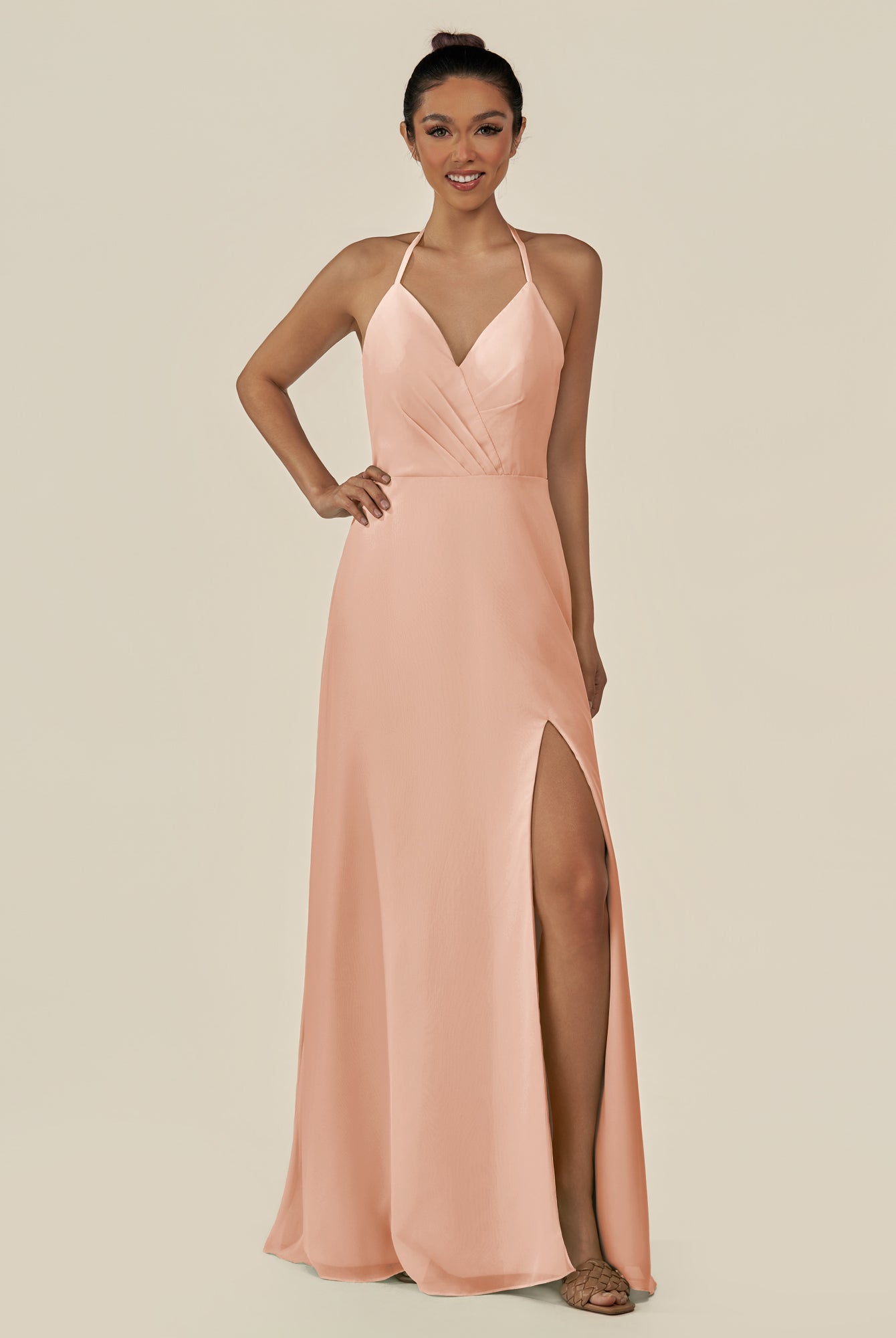 KissDress-Caris English Rose A Line Chiffon Halter Neck Pleated Long Bridesmaid Dress with Slit