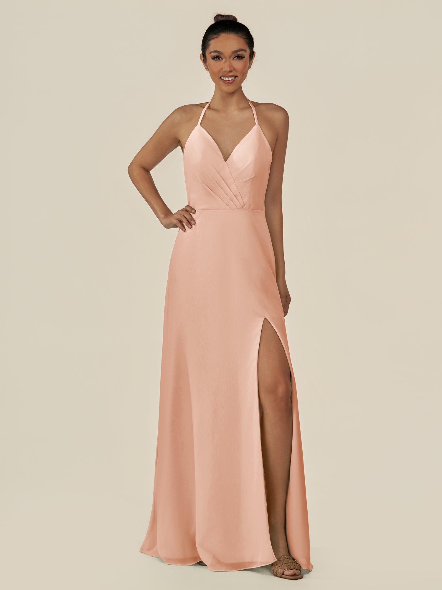 KissDress-Caris English Rose A Line Chiffon Halter Neck Pleated Long Bridesmaid Dress with Slit